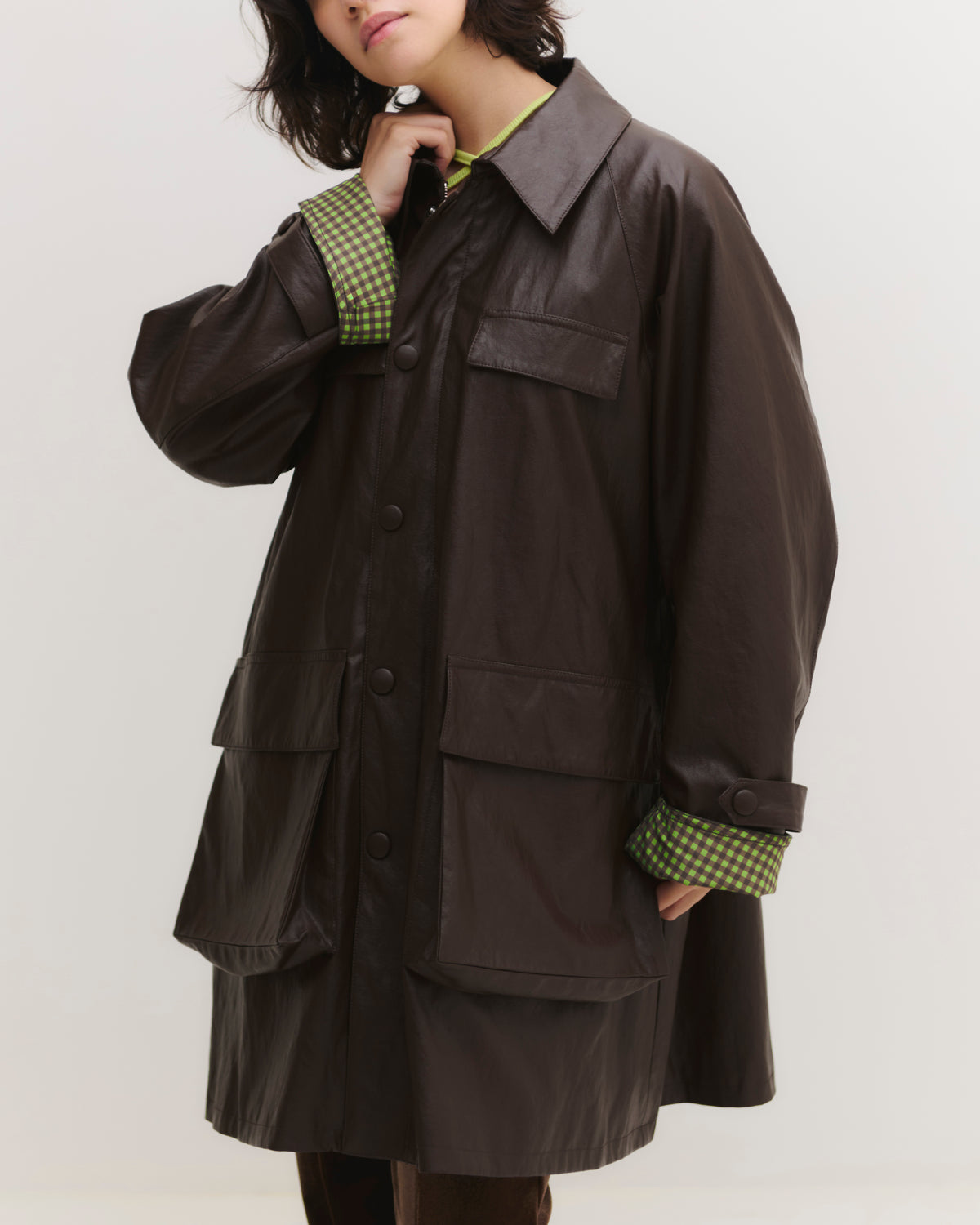 Fake leather utility midi coat