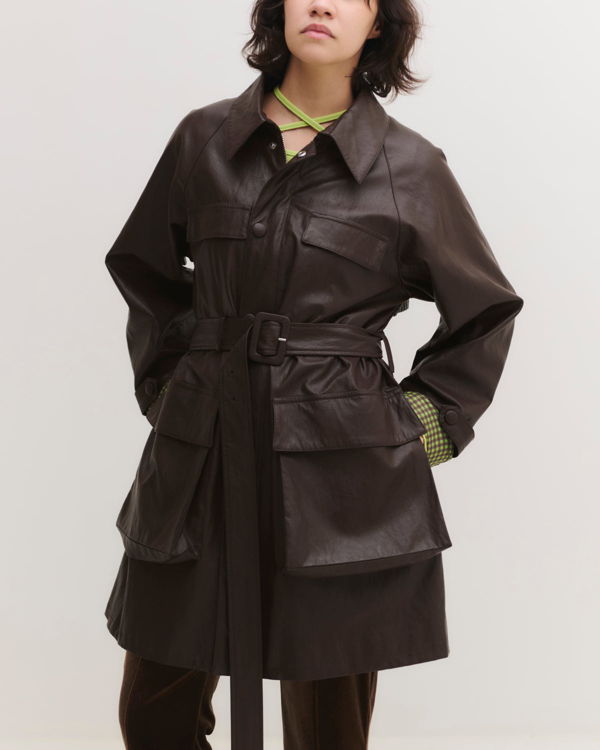 Fake leather utility midi coat