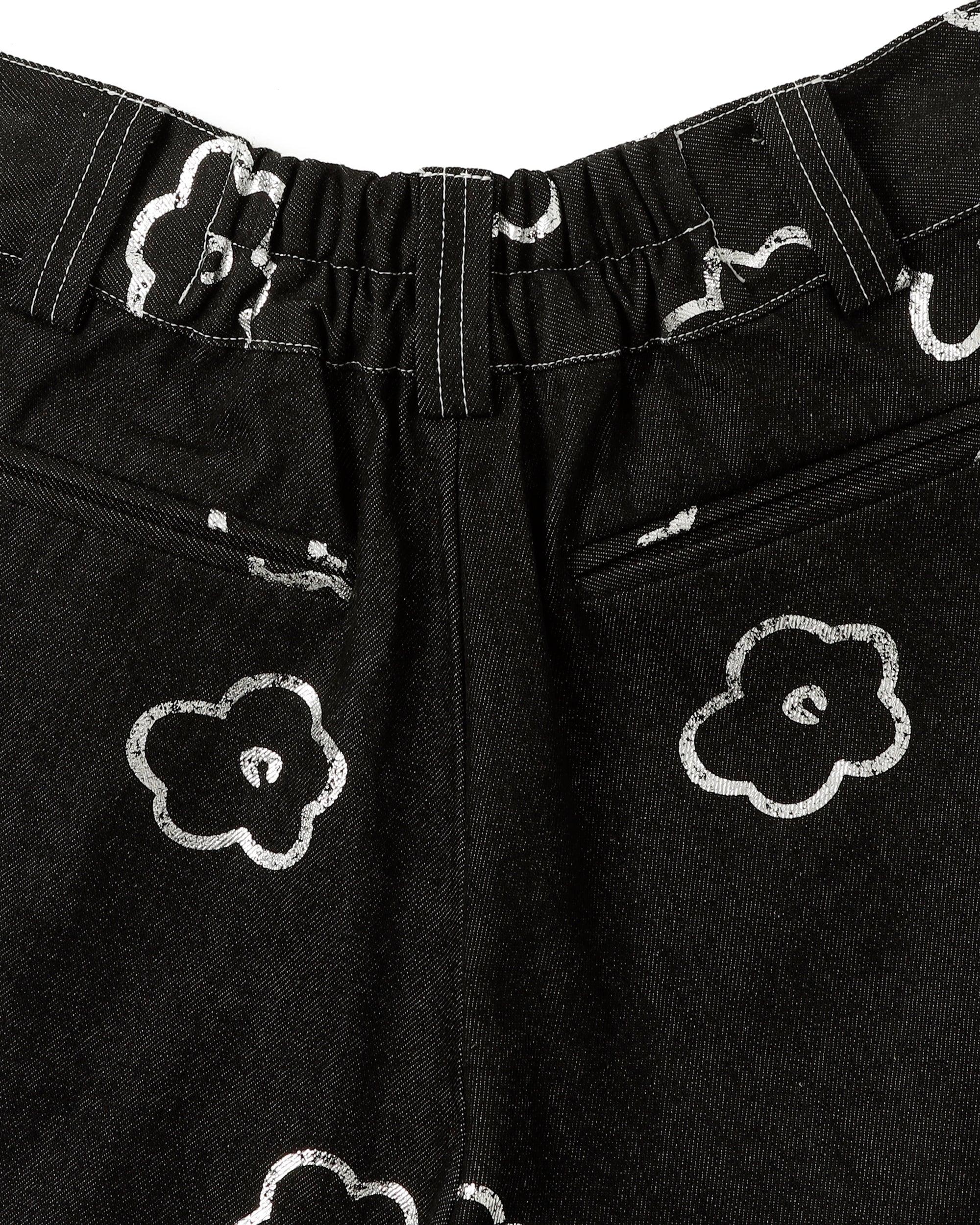 Silver flower half denim pants