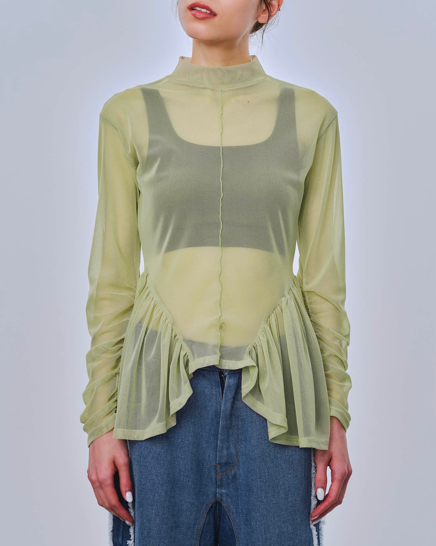 Arch gather see-through tops (Green) – POPPY