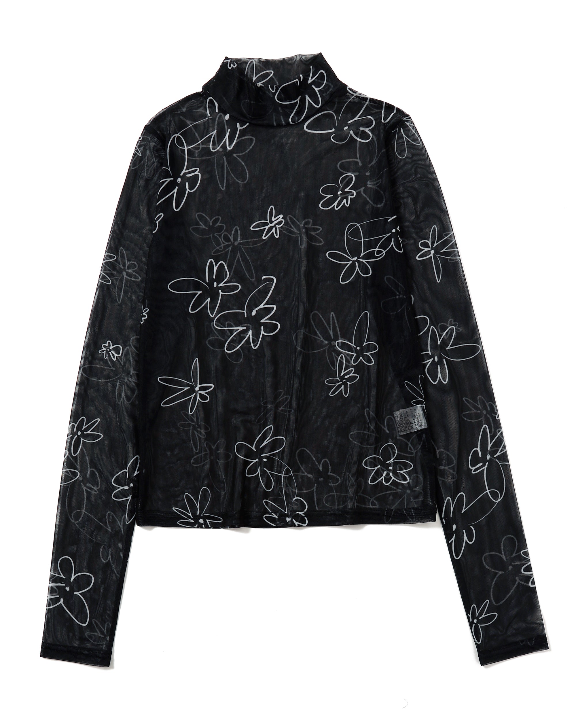 Rough paint black flower see-through tops (High neck)