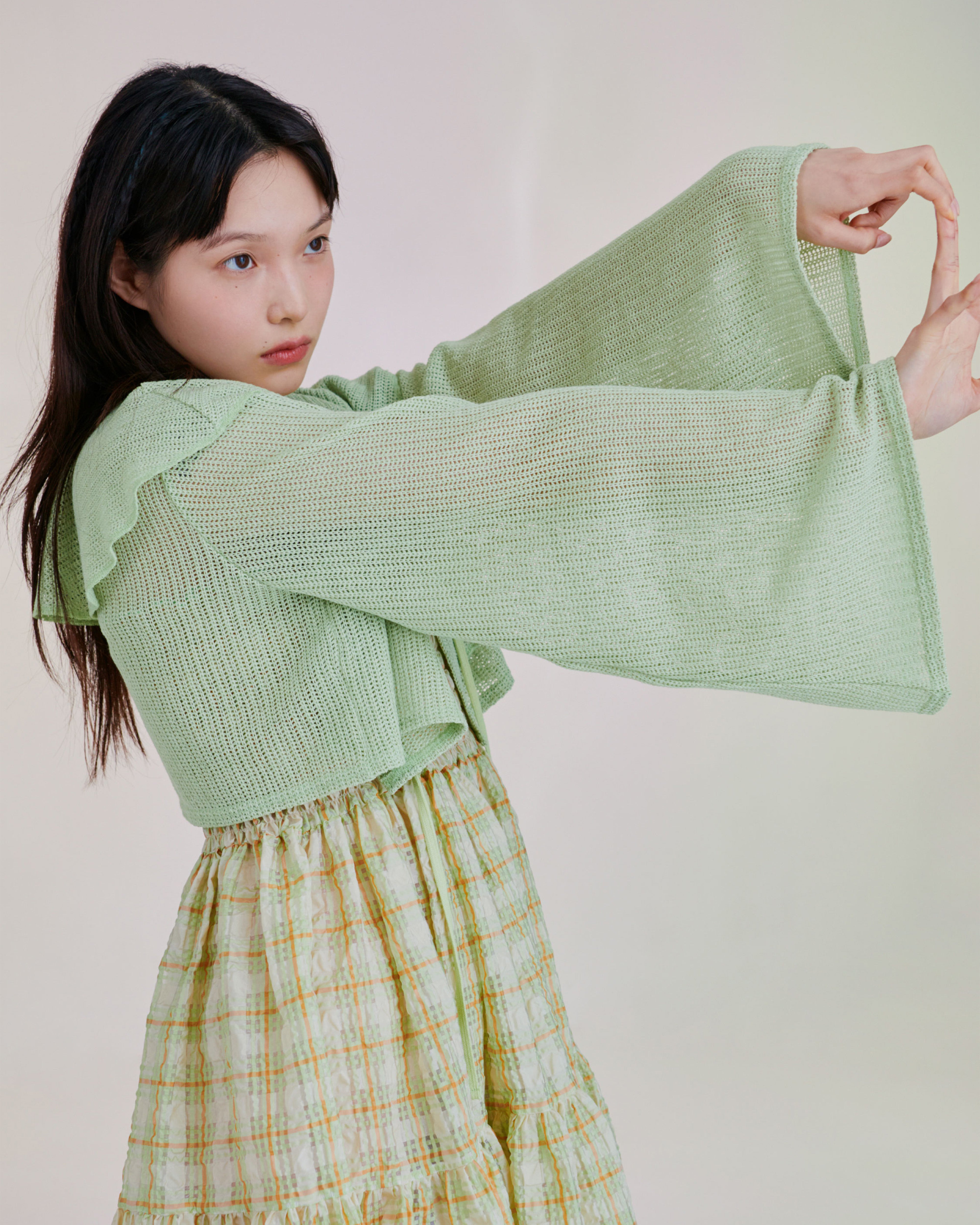 Raffle collar loose cardigan (Green)