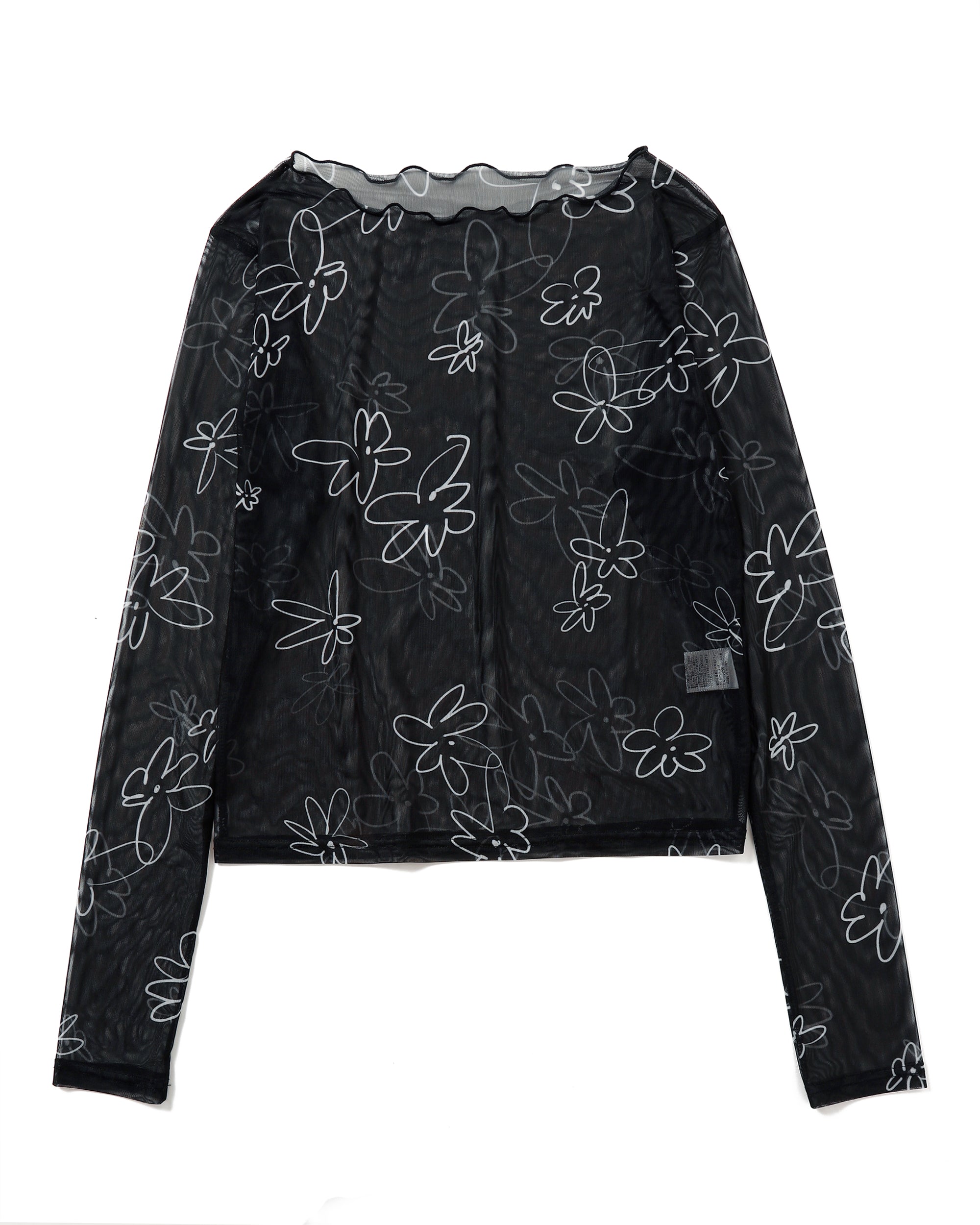Rough paint black flower see-through tops (Round neck)