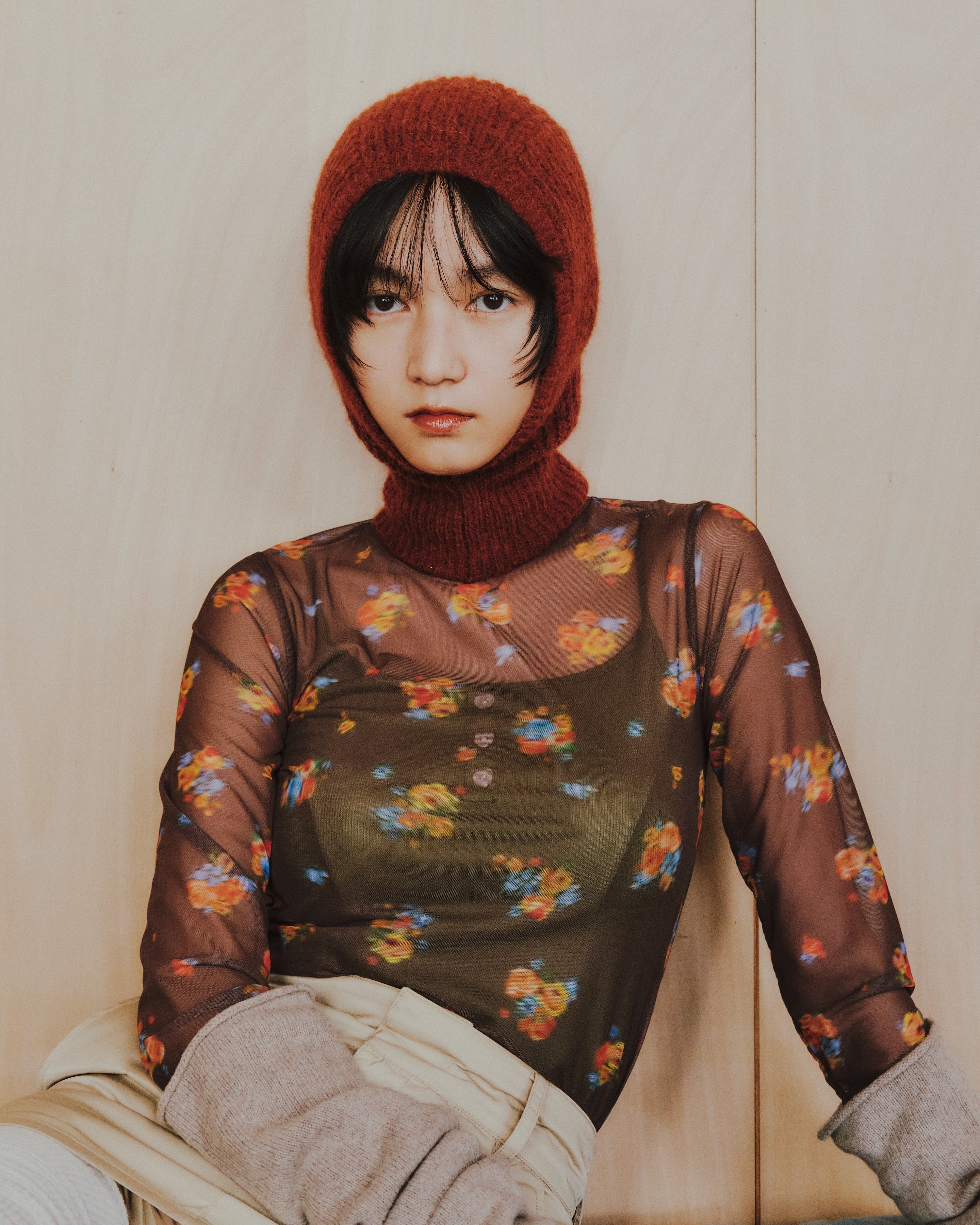 Brown bouquet see-through tops (high neck)