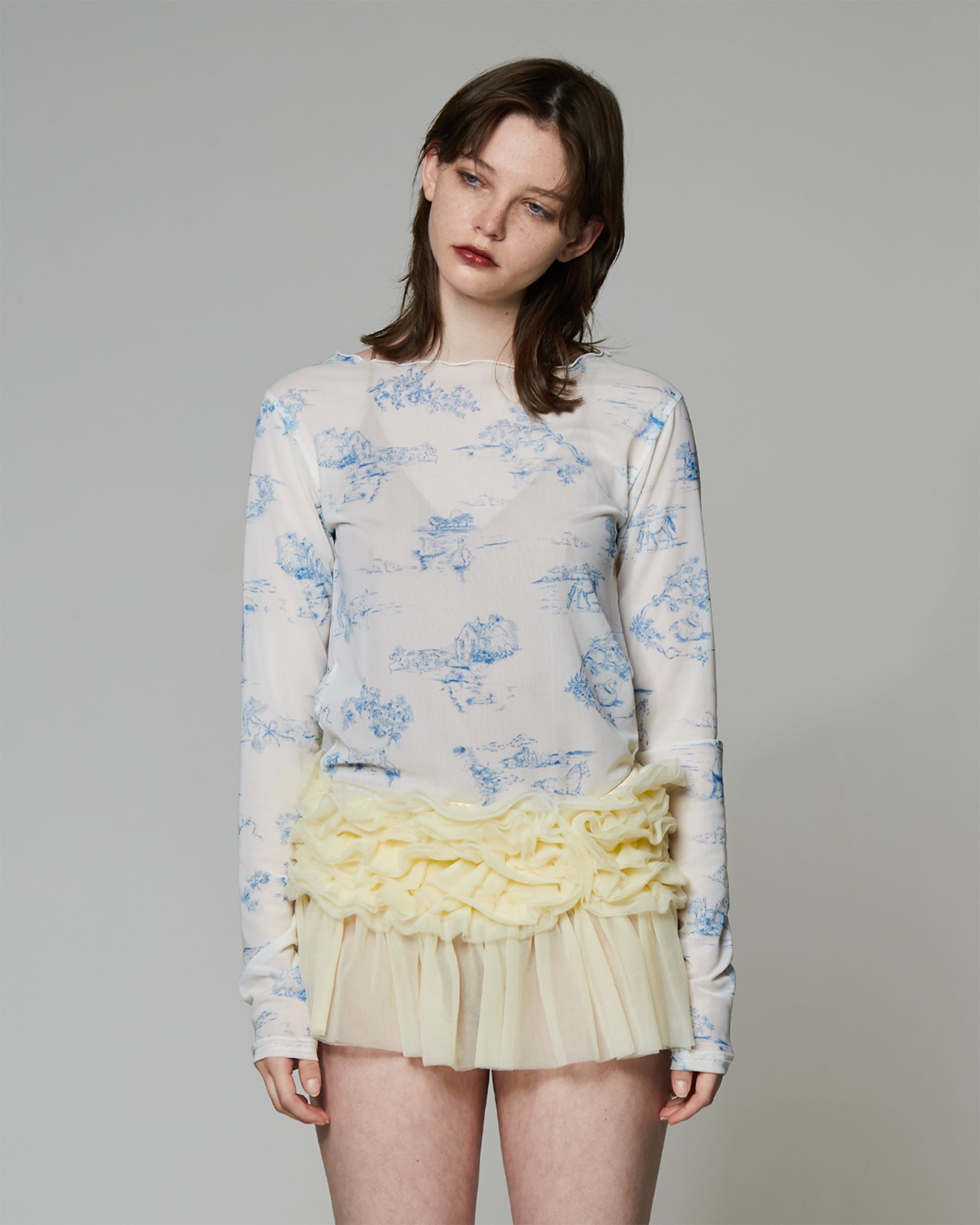 Toile de Jouy see-through tops (Round neck)