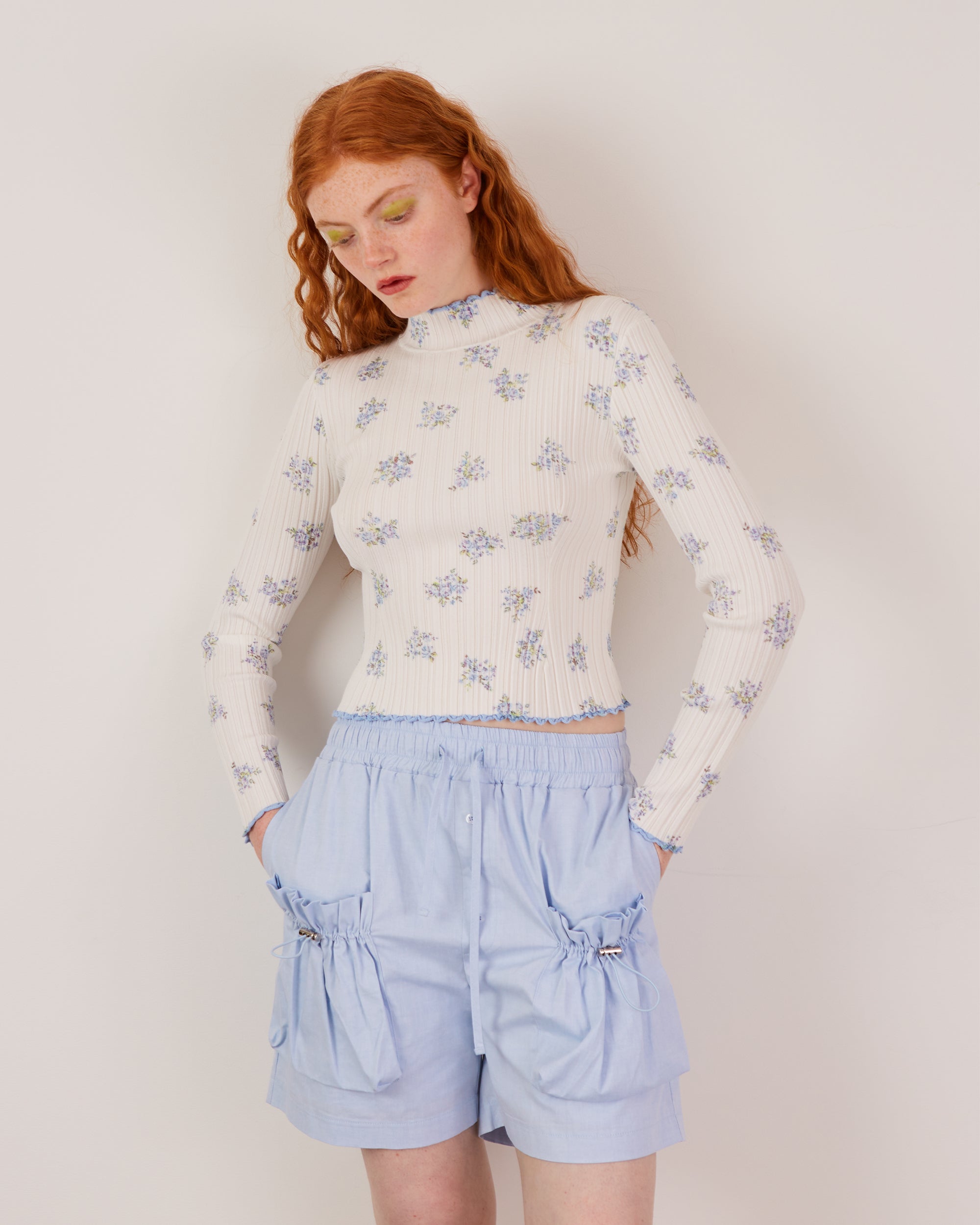 Blue flower rib knit top