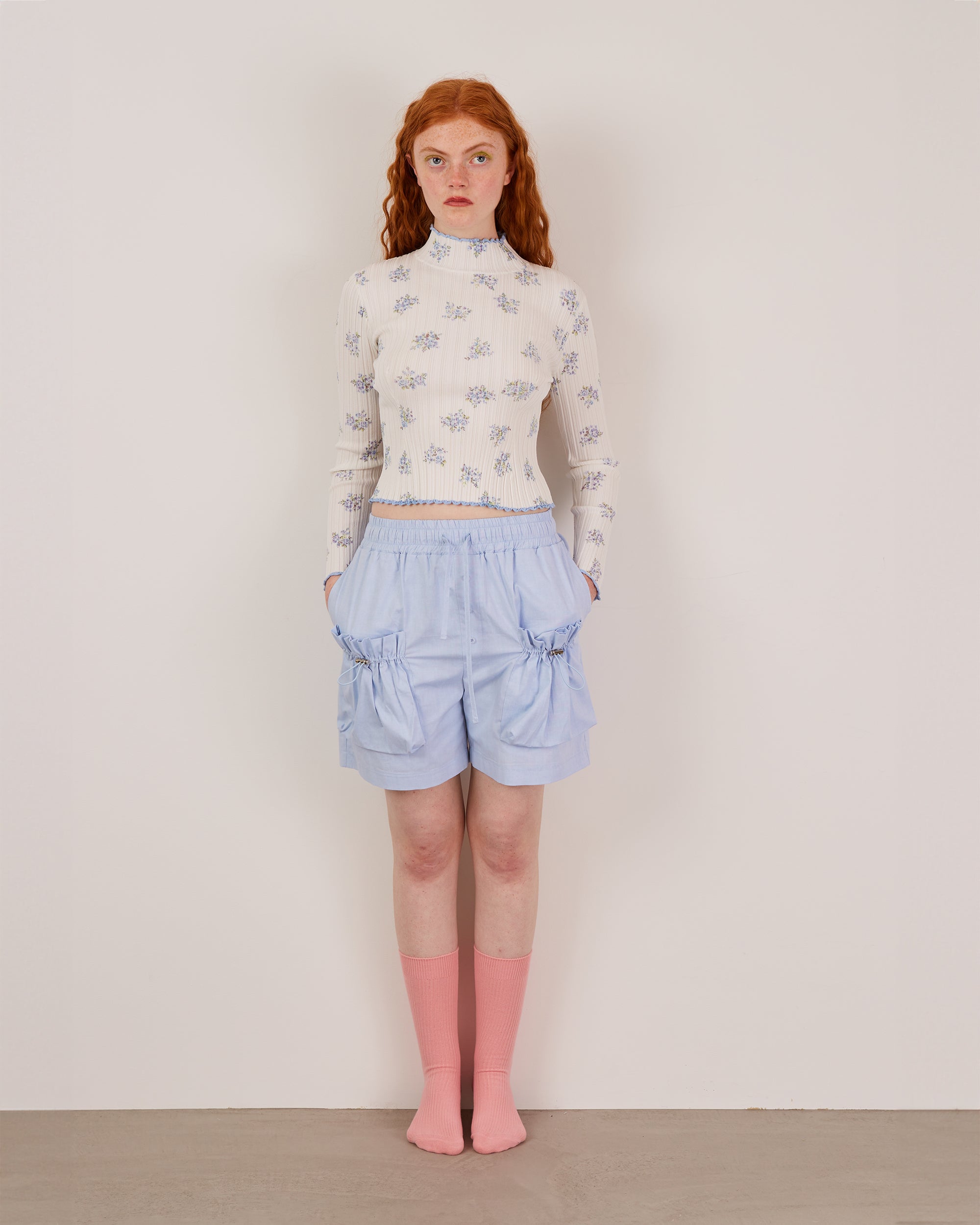 Blue flower rib knit top