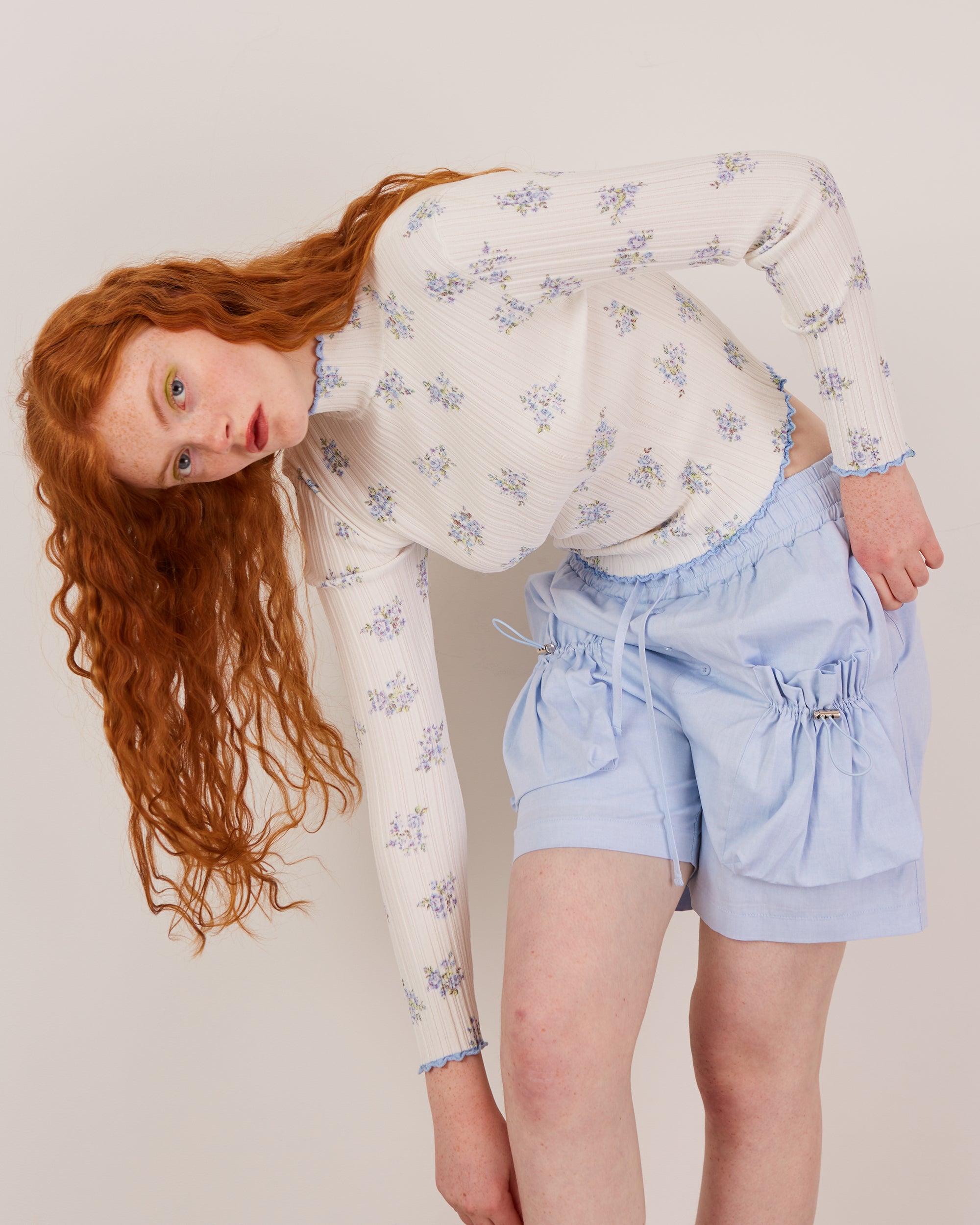 Blue flower rib knit top