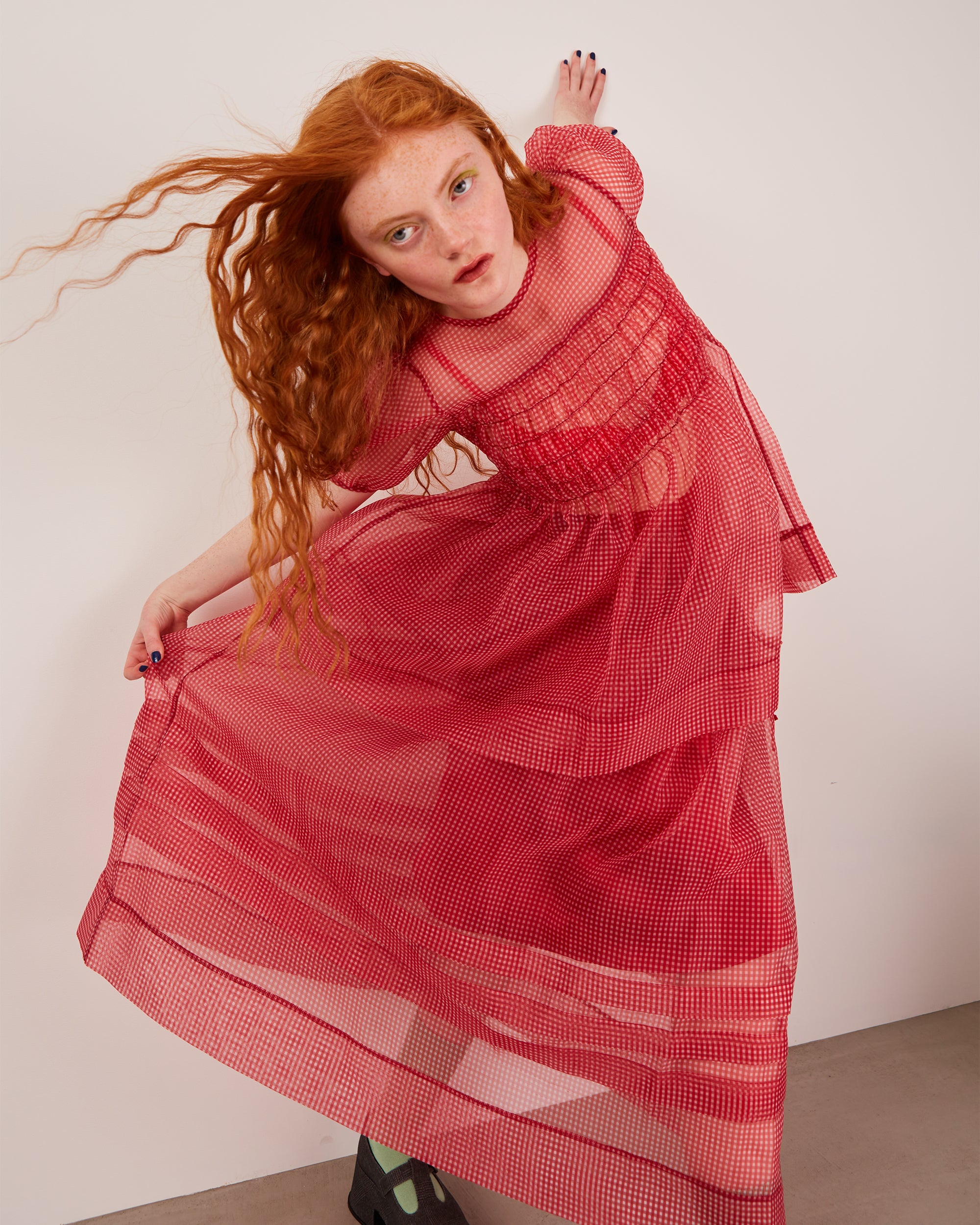 Gingham organza shirred tunic (red)