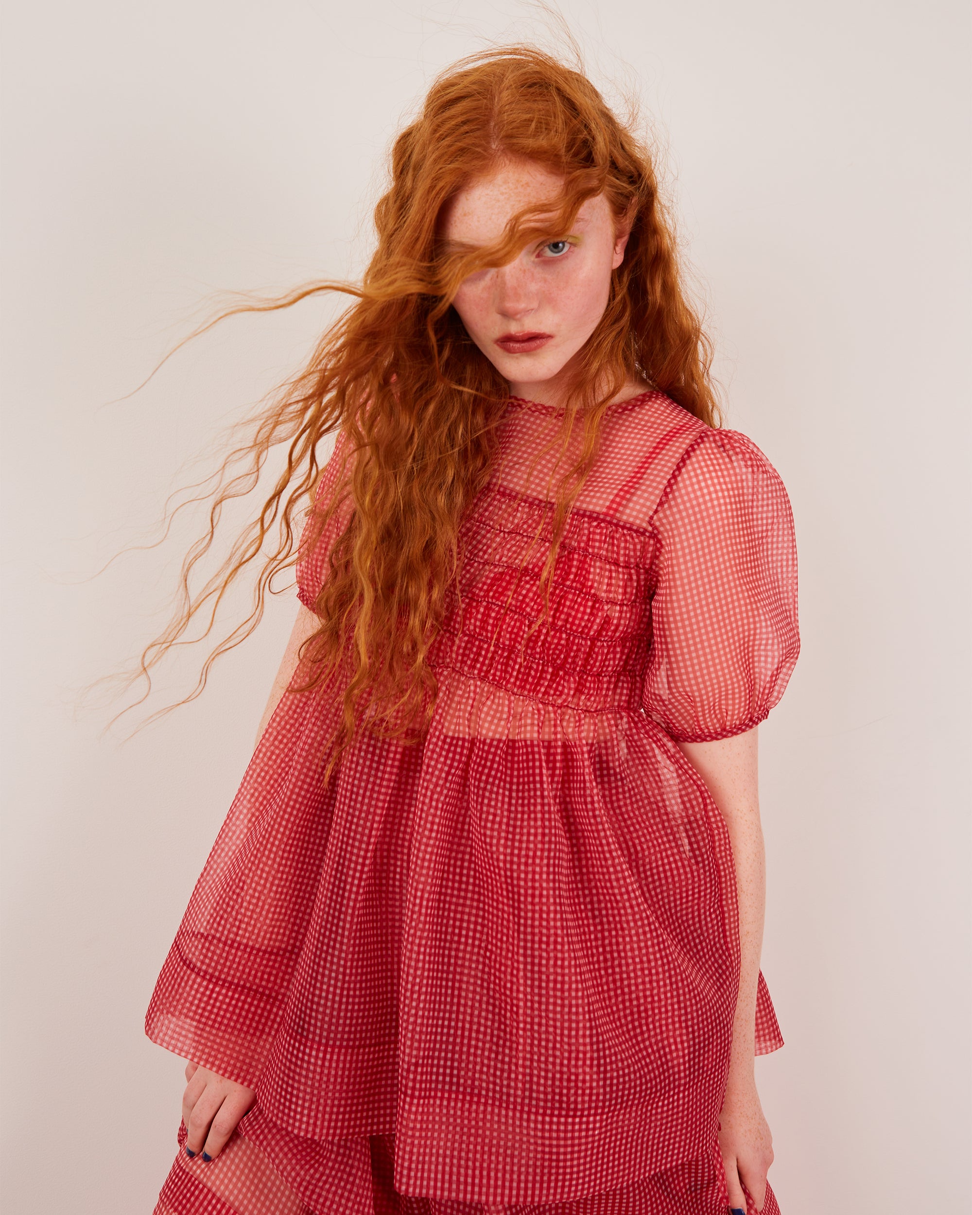 Gingham organza shirred tunic (red)