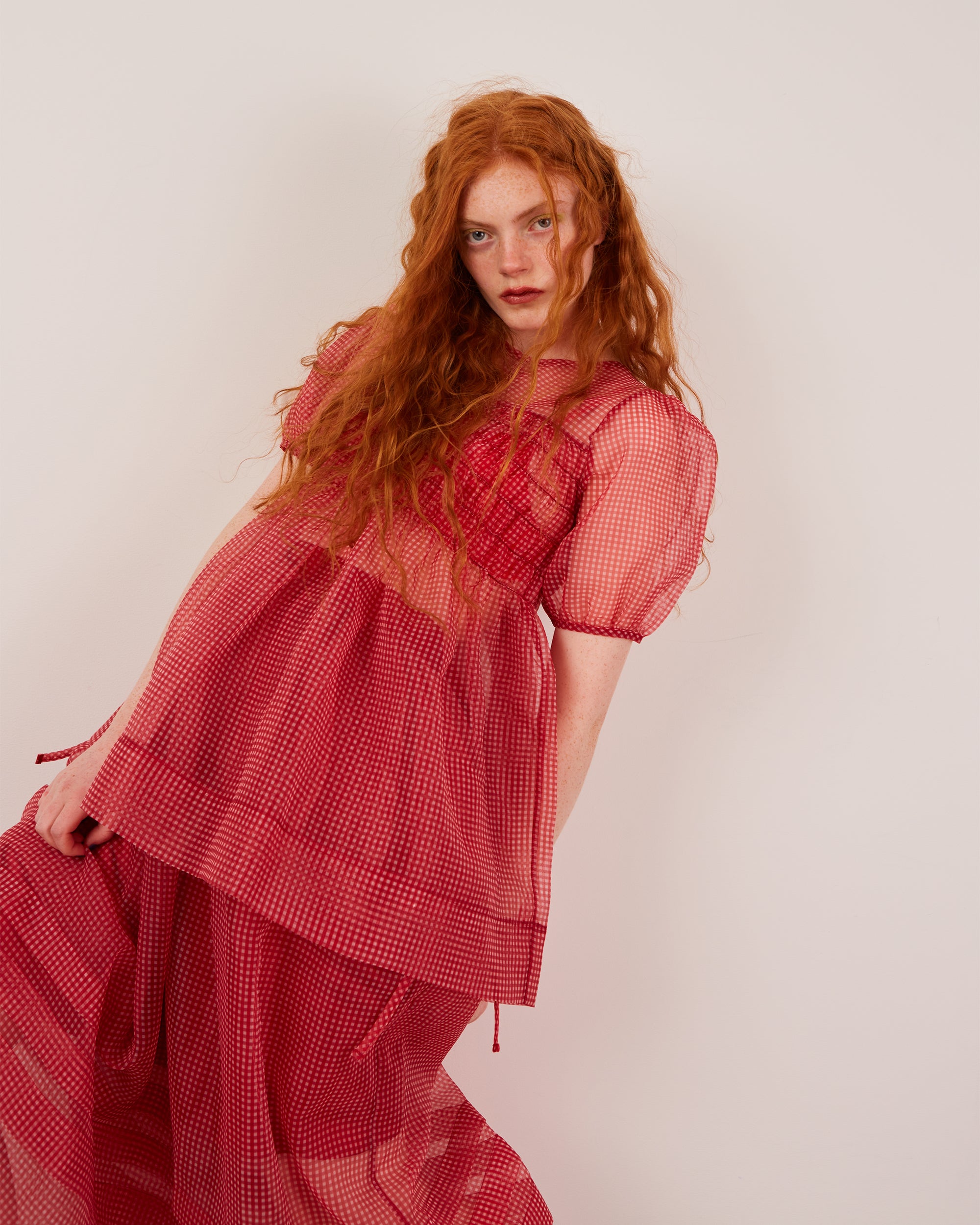 Gingham organza shirred tunic (red)