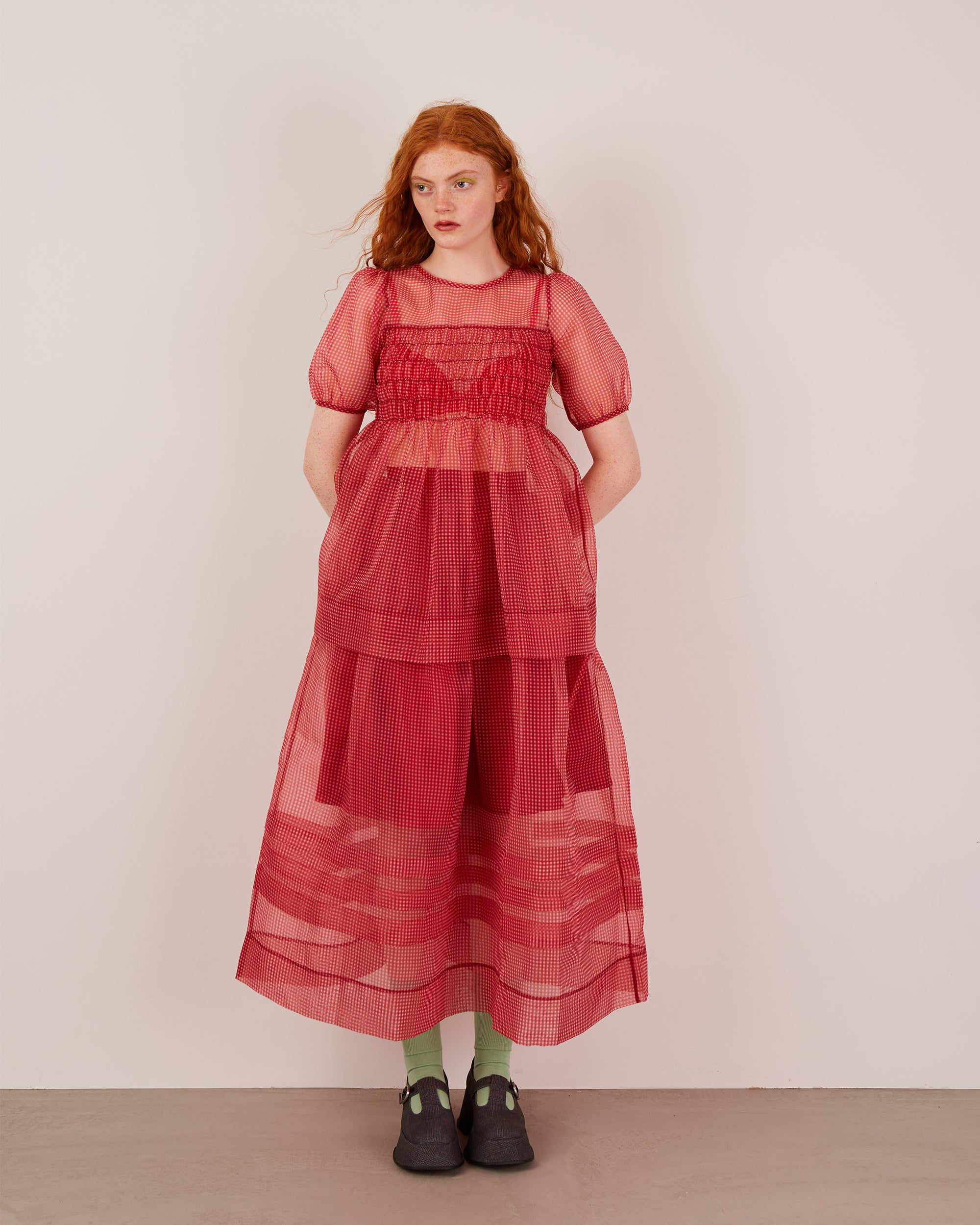 Gingham organza shirred tunic (red)