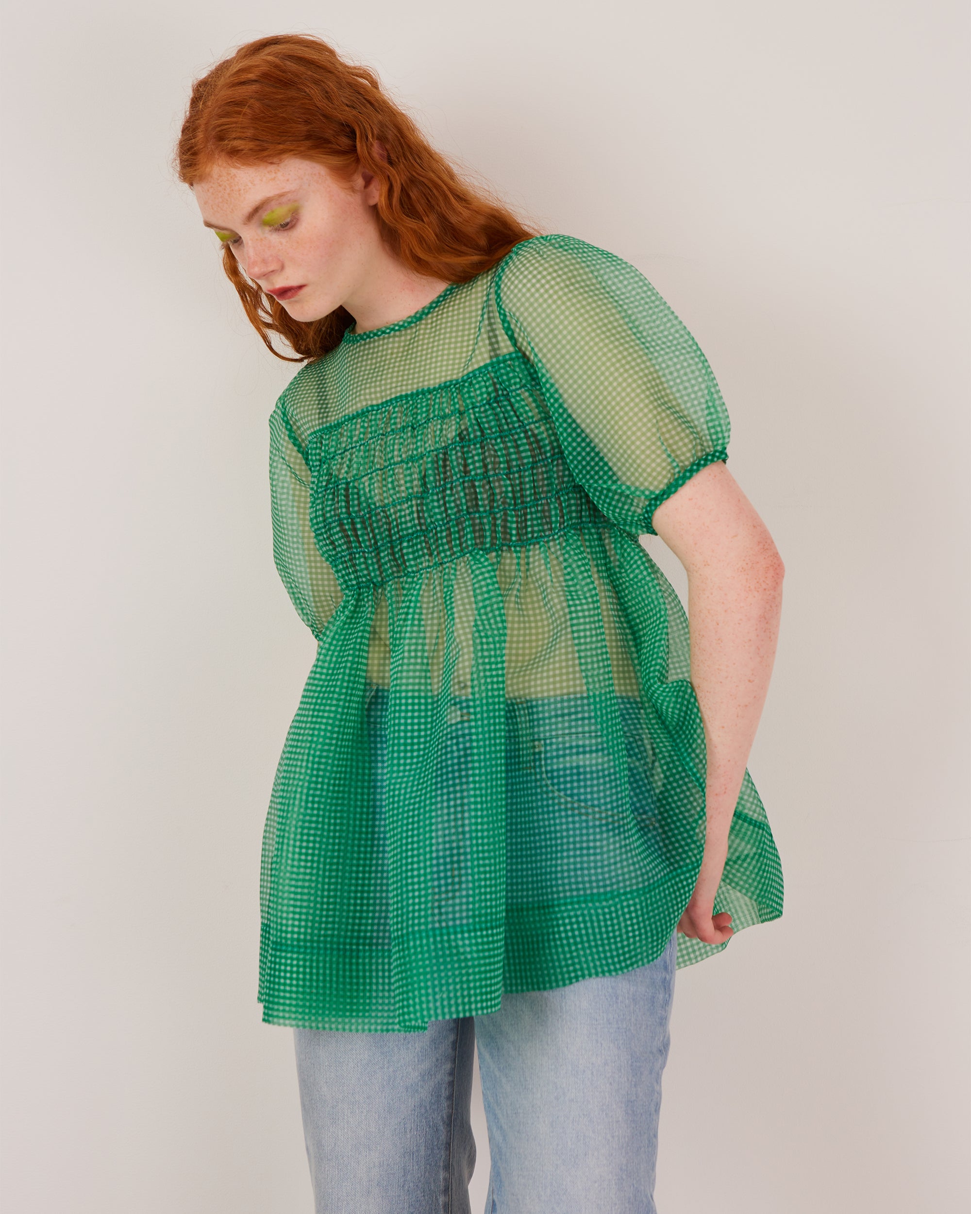 Gingham organza shirred tunic (green)