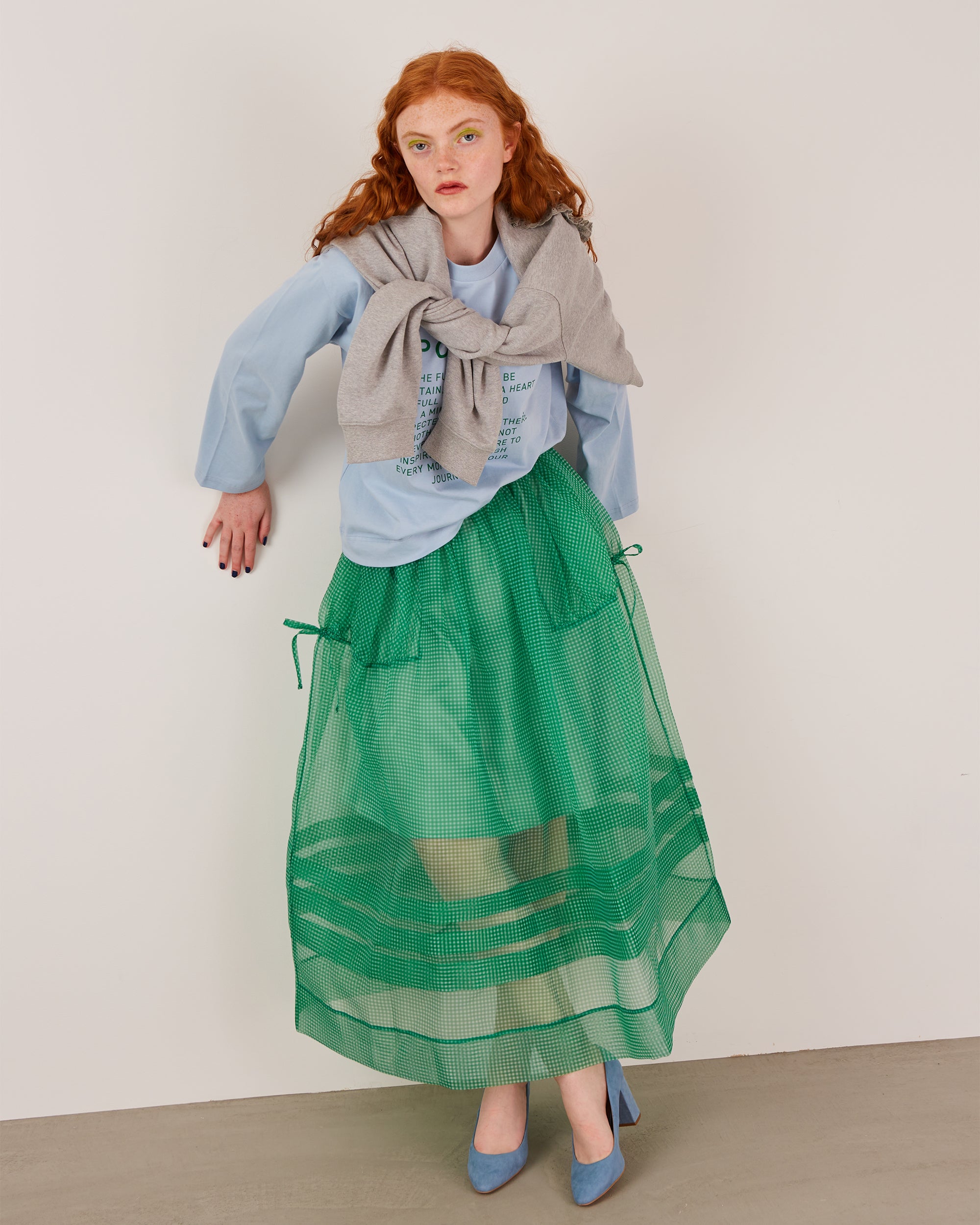 Gingham organza tuck skirt (green)
