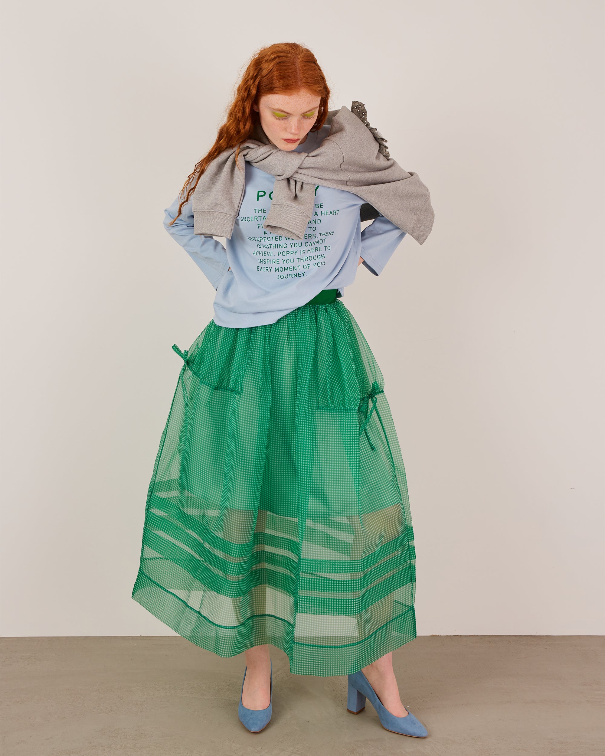 Gingham organza tuck skirt (green)