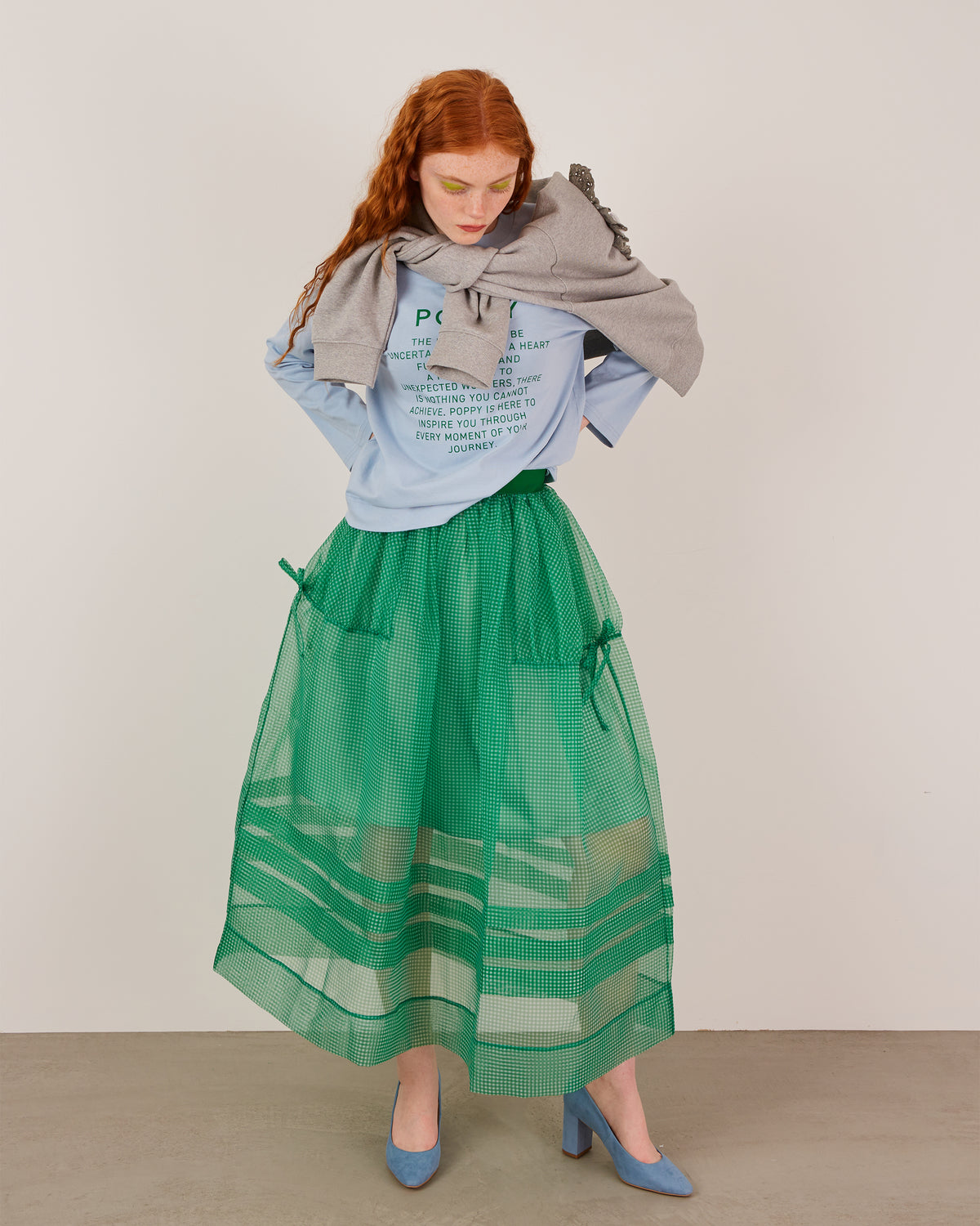 Gingham organza tuck skirt (green)