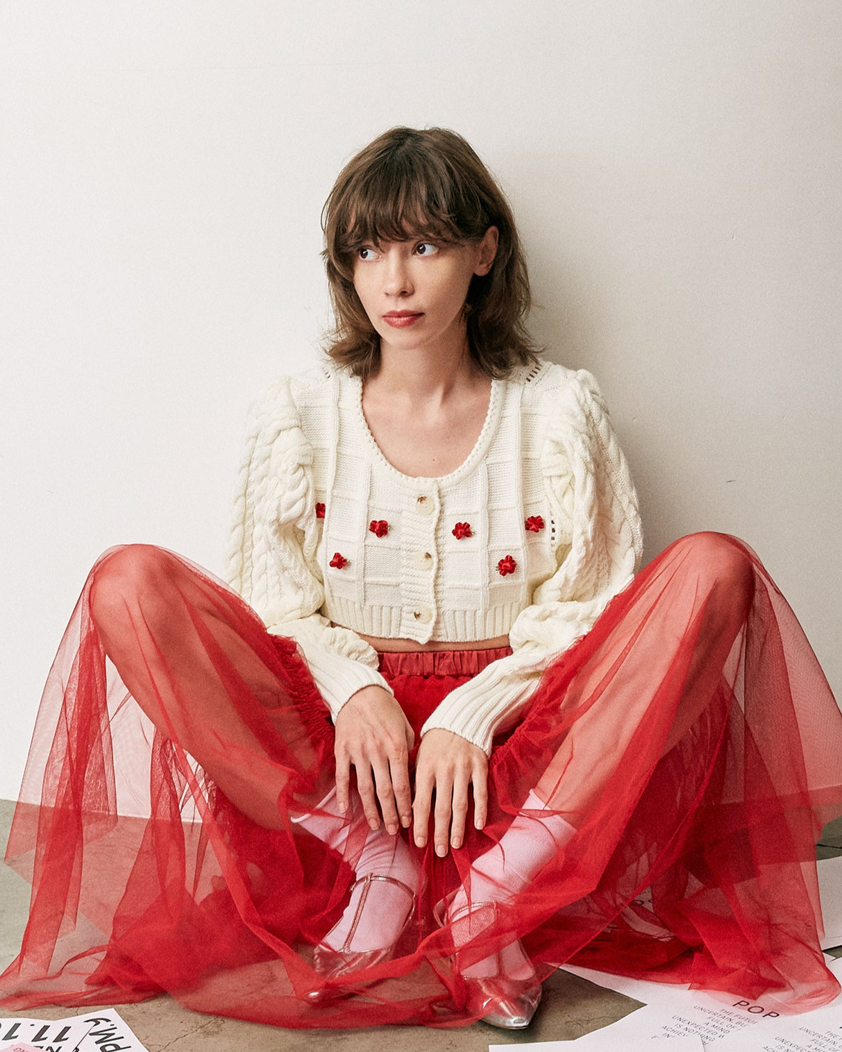 Ribbon flower cropped cardigan