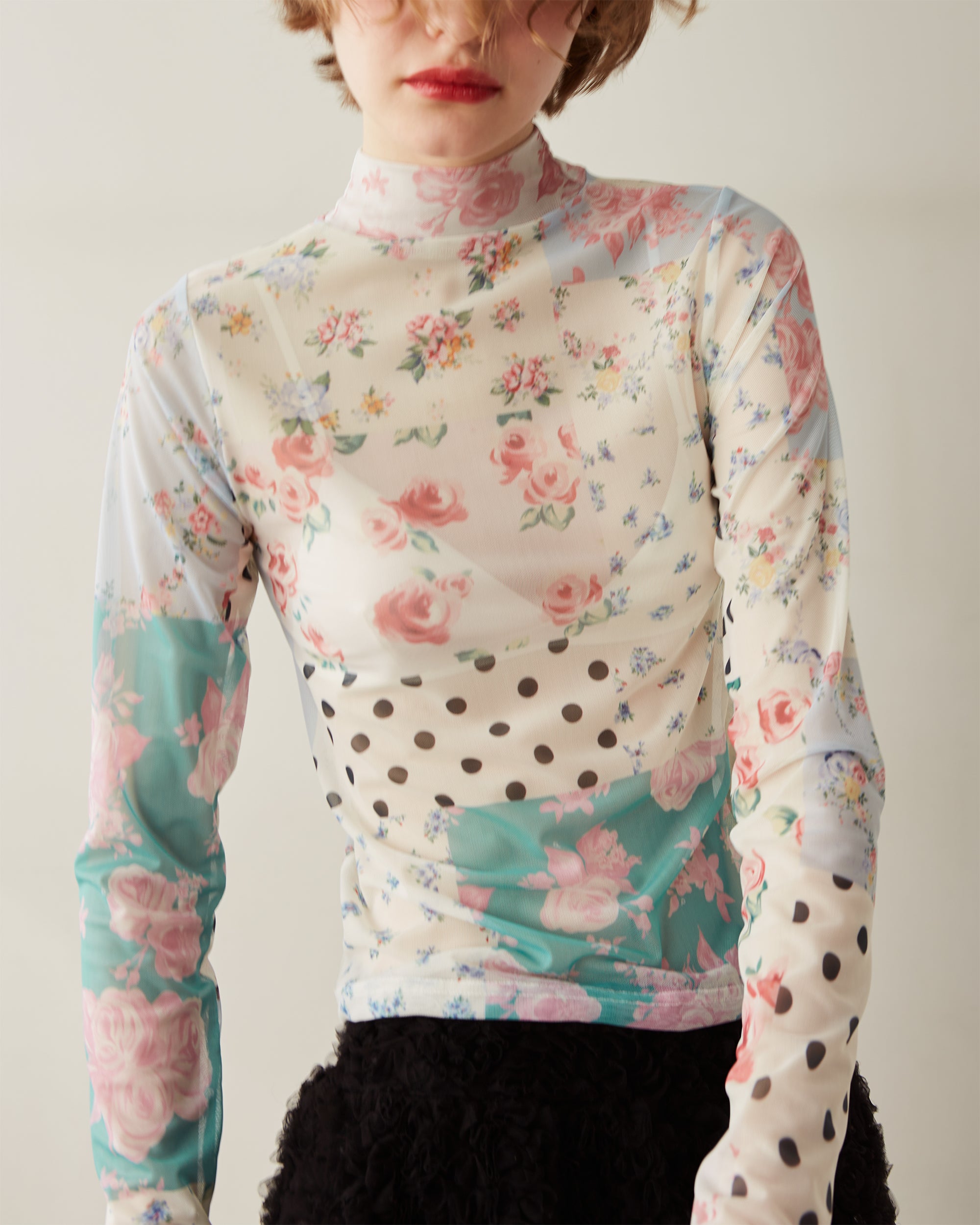 Nostalgic patchwork see-through tops (high neck)