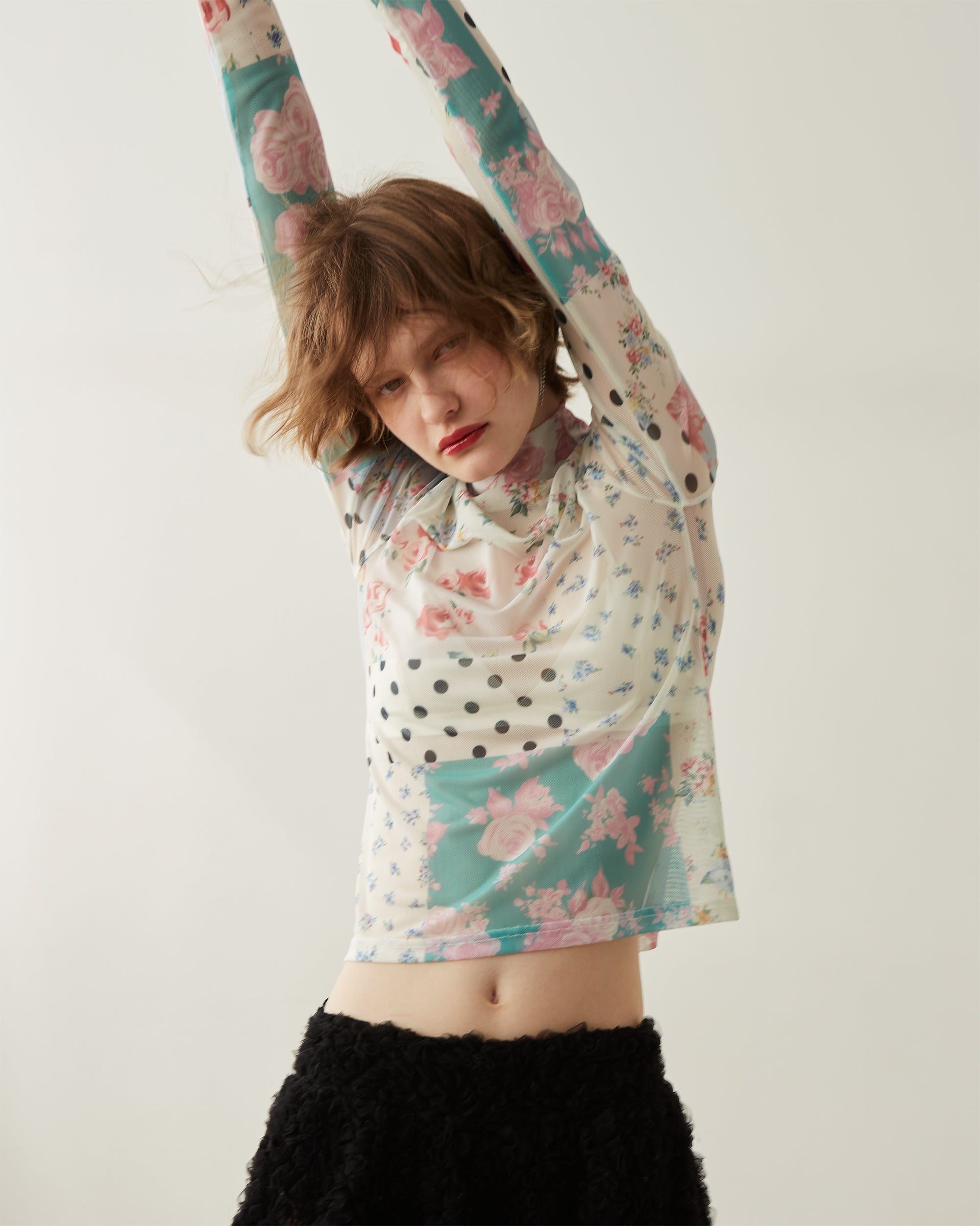 Nostalgic patchwork see-through tops (high neck)