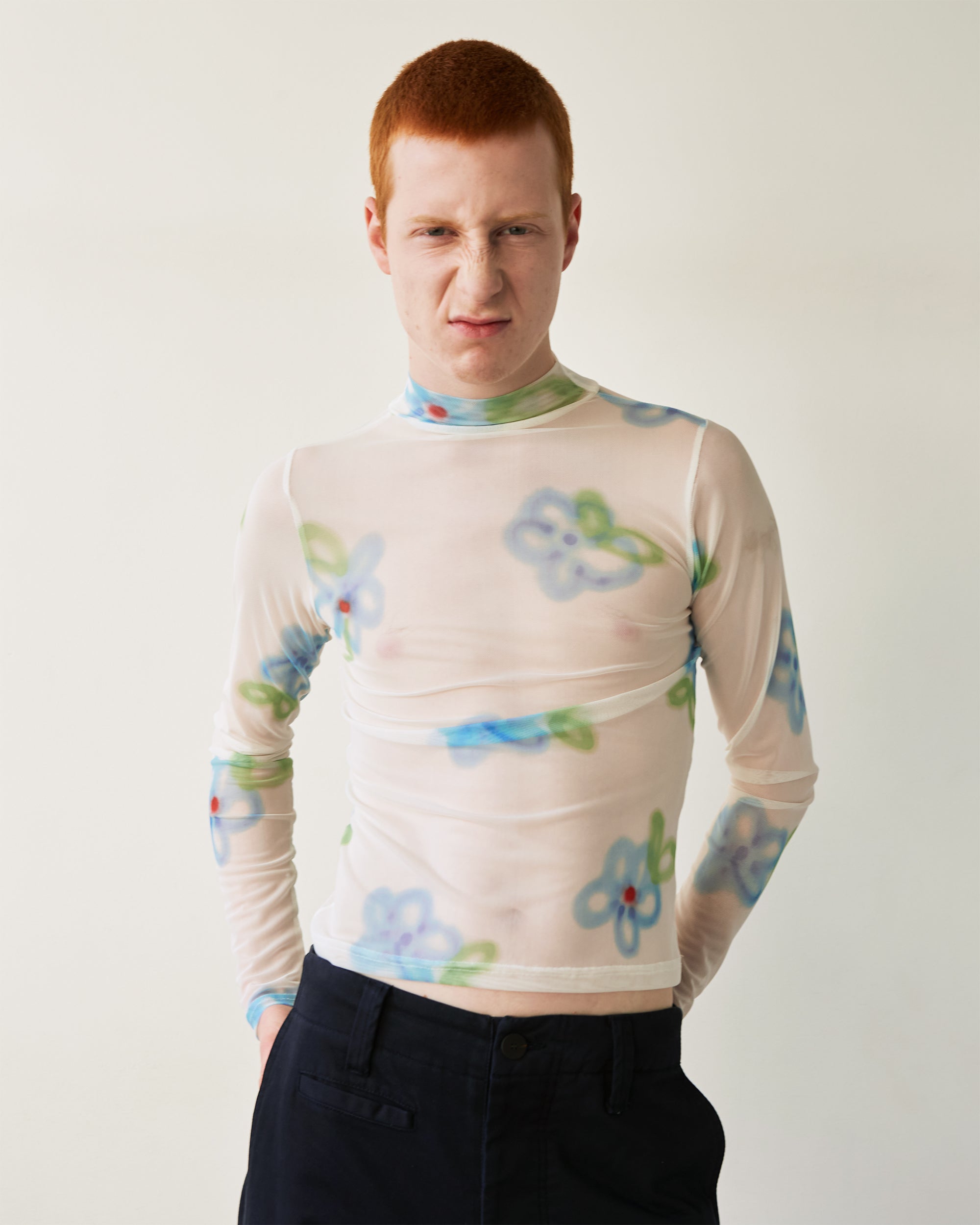 Blue spray flower see-through tops (high neck)