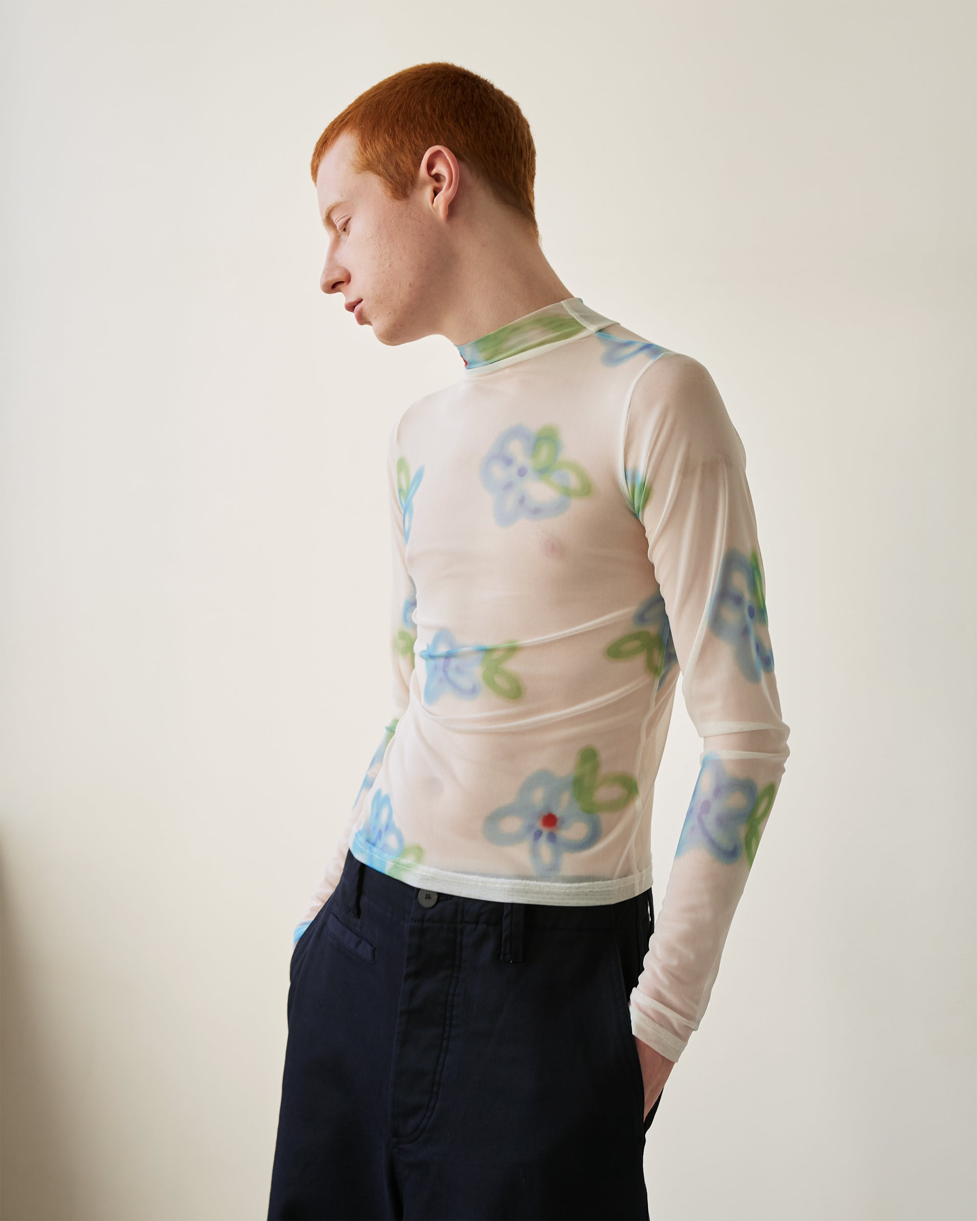 Blue spray flower see-through tops (high neck)