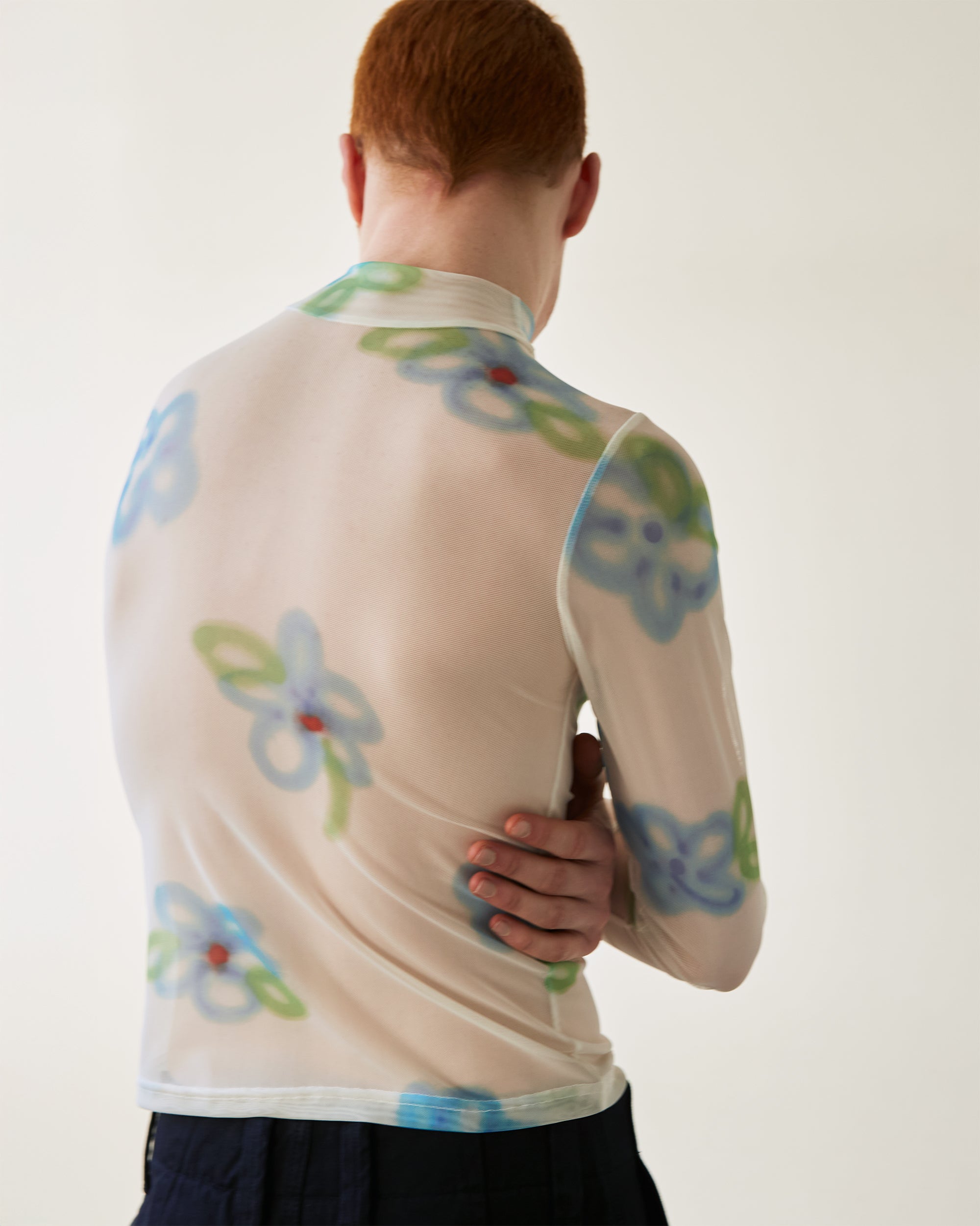 Blue spray flower see-through tops (high neck)