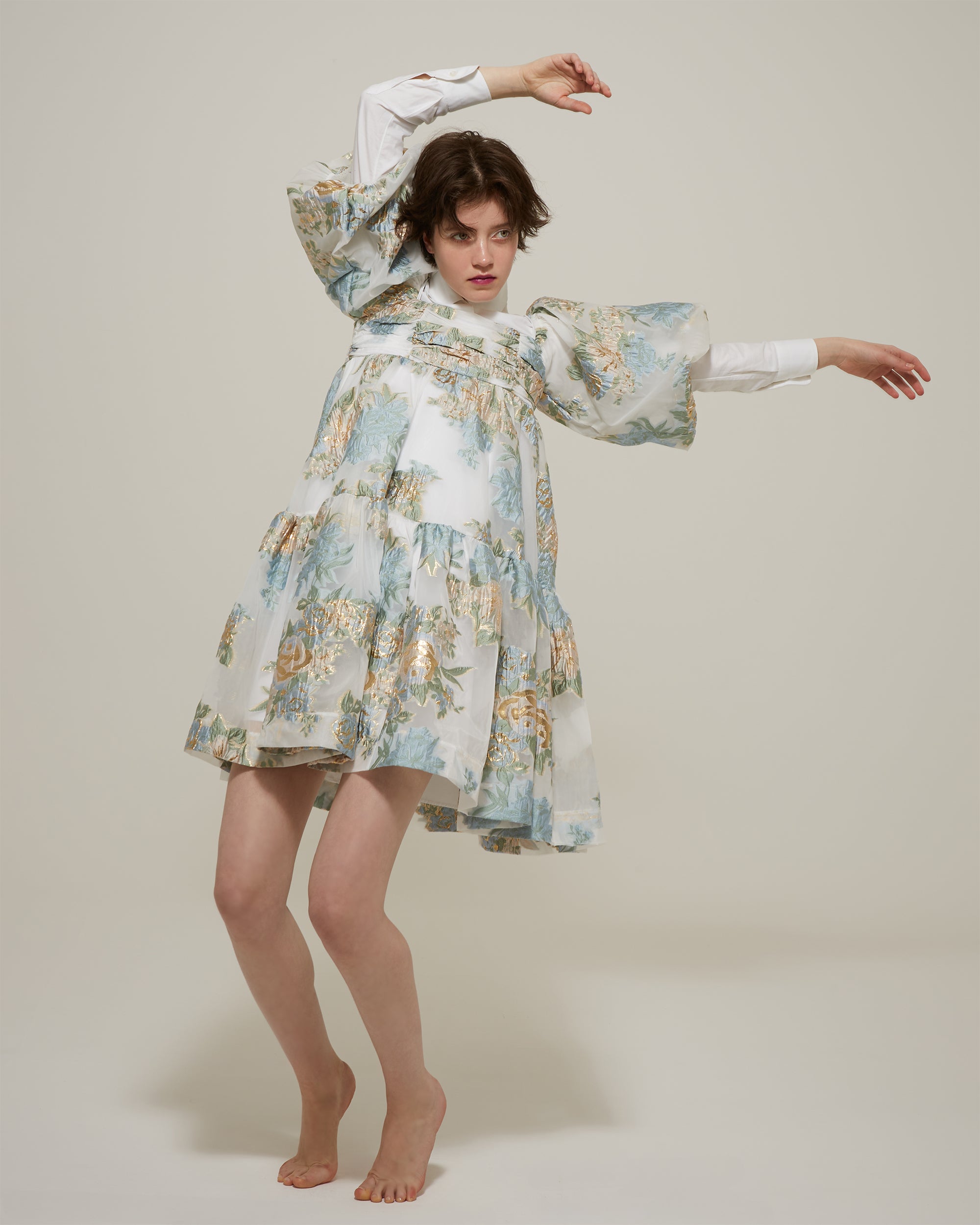 Gold jacquard puff mini dress