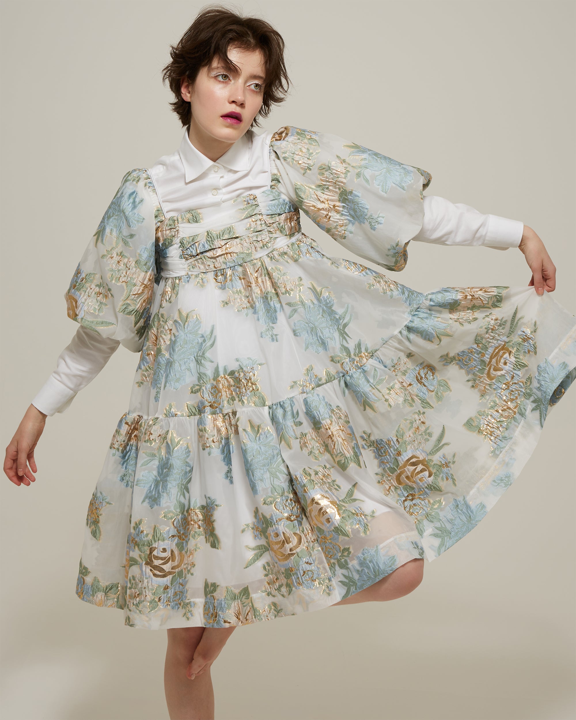 Gold jacquard puff mini dress