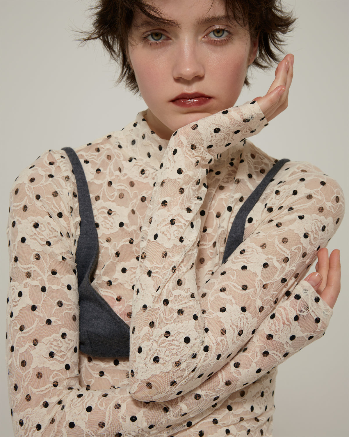 Dot lace see-through top (high neck)