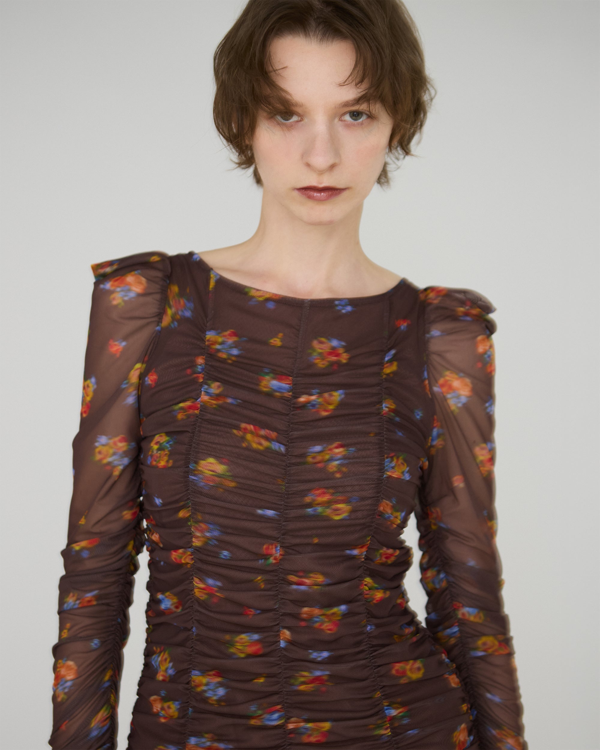 Brown bouquet gathered dress