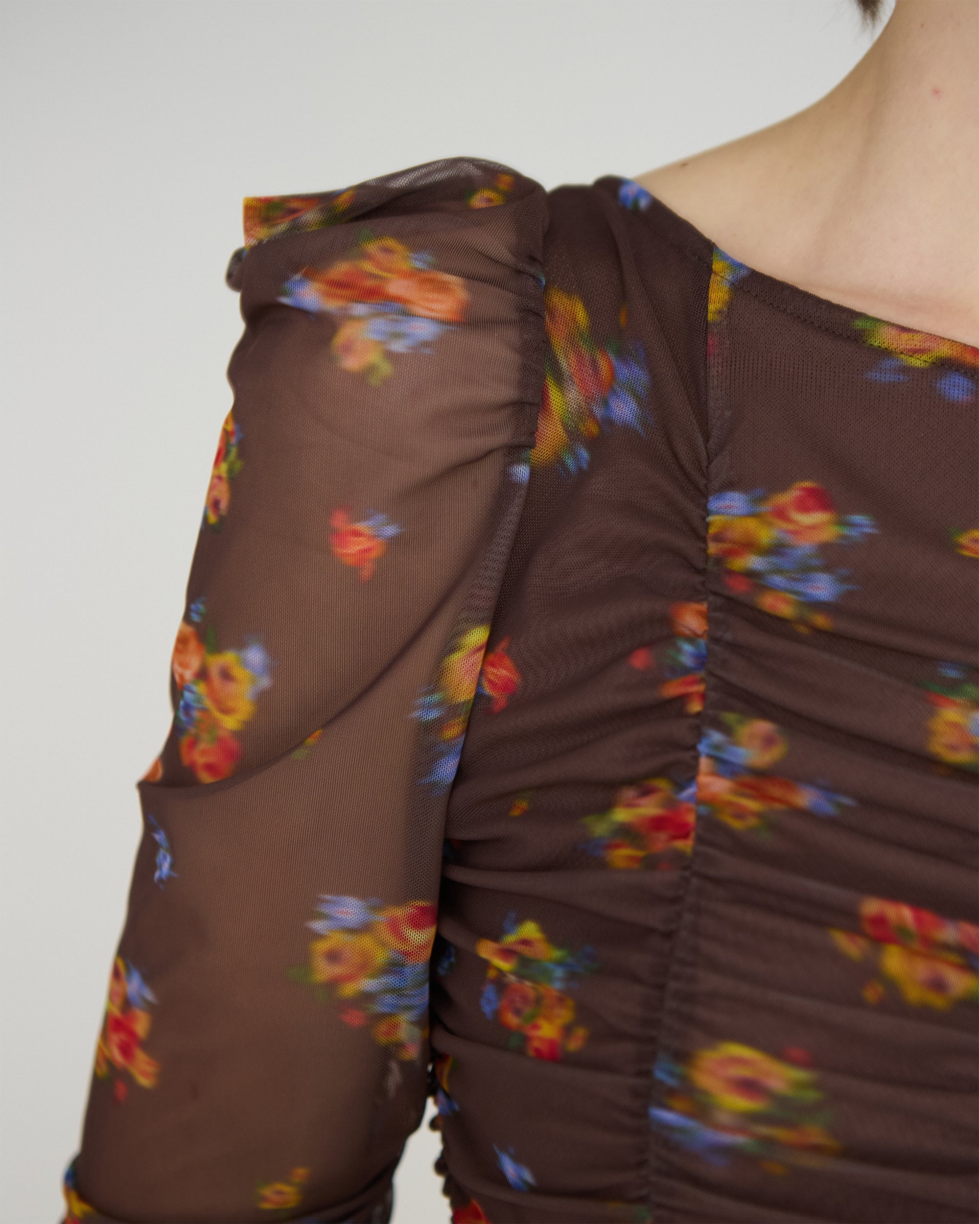 Brown bouquet gathered dress