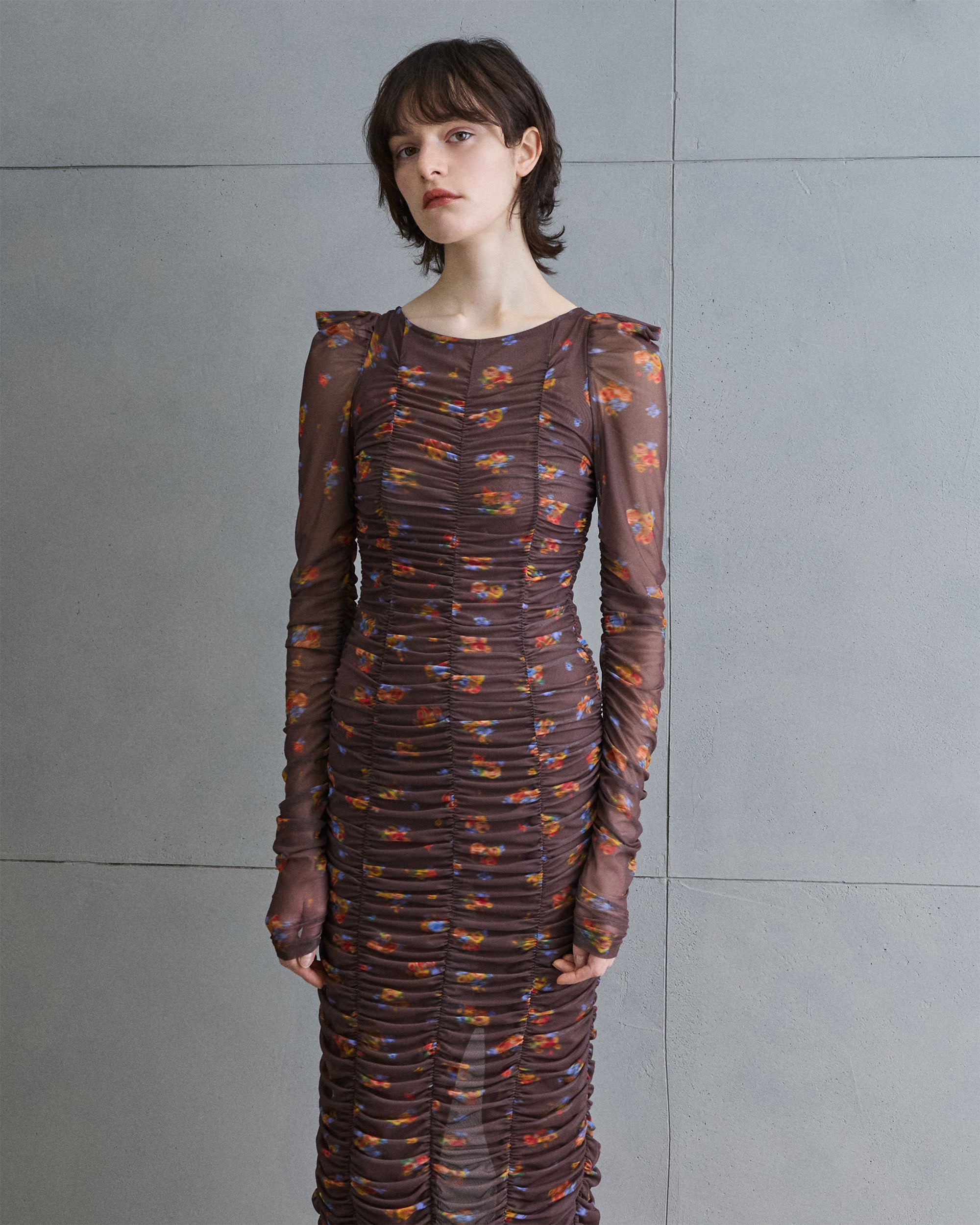 Brown bouquet gathered dress