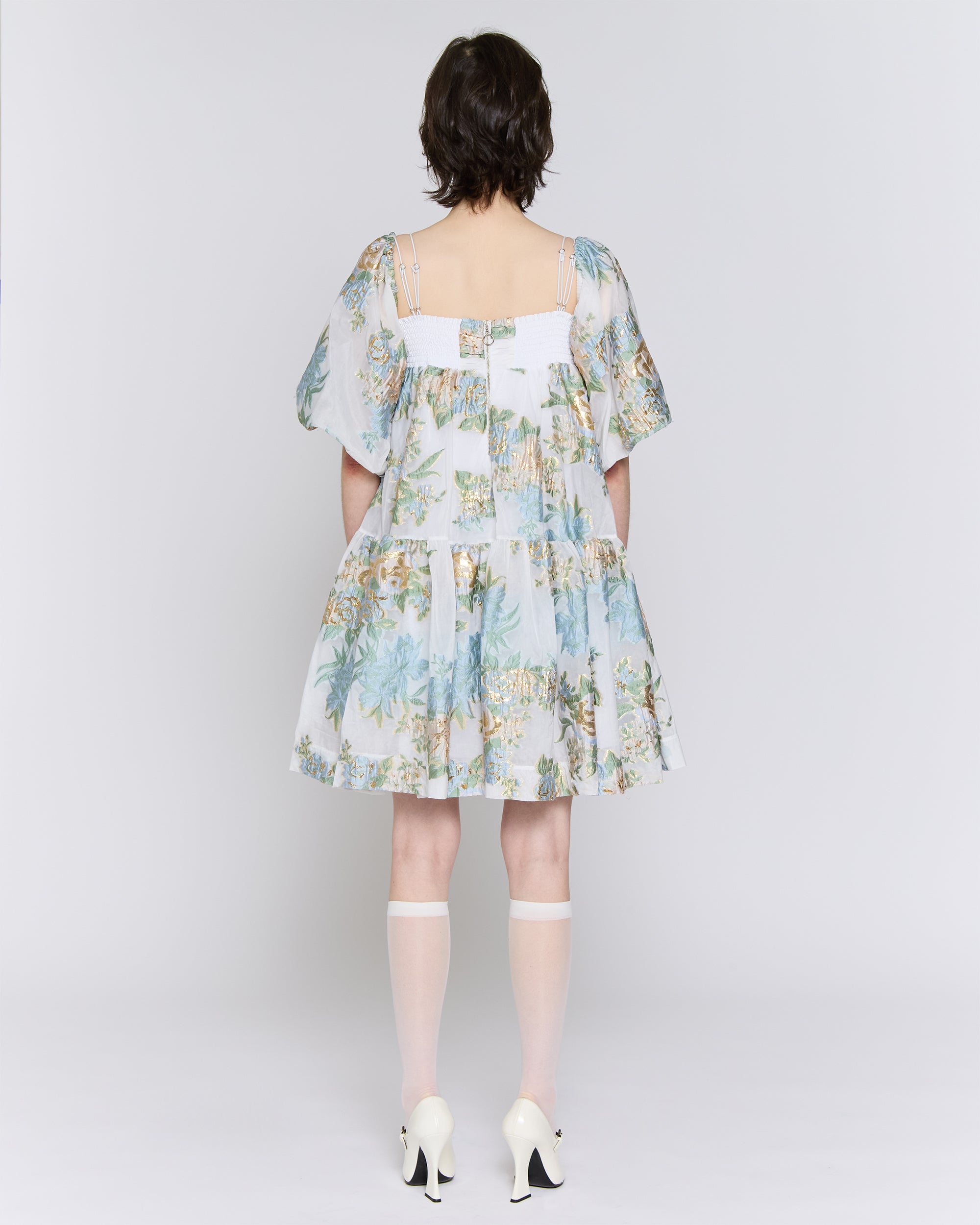 Gold jacquard puff mini dress