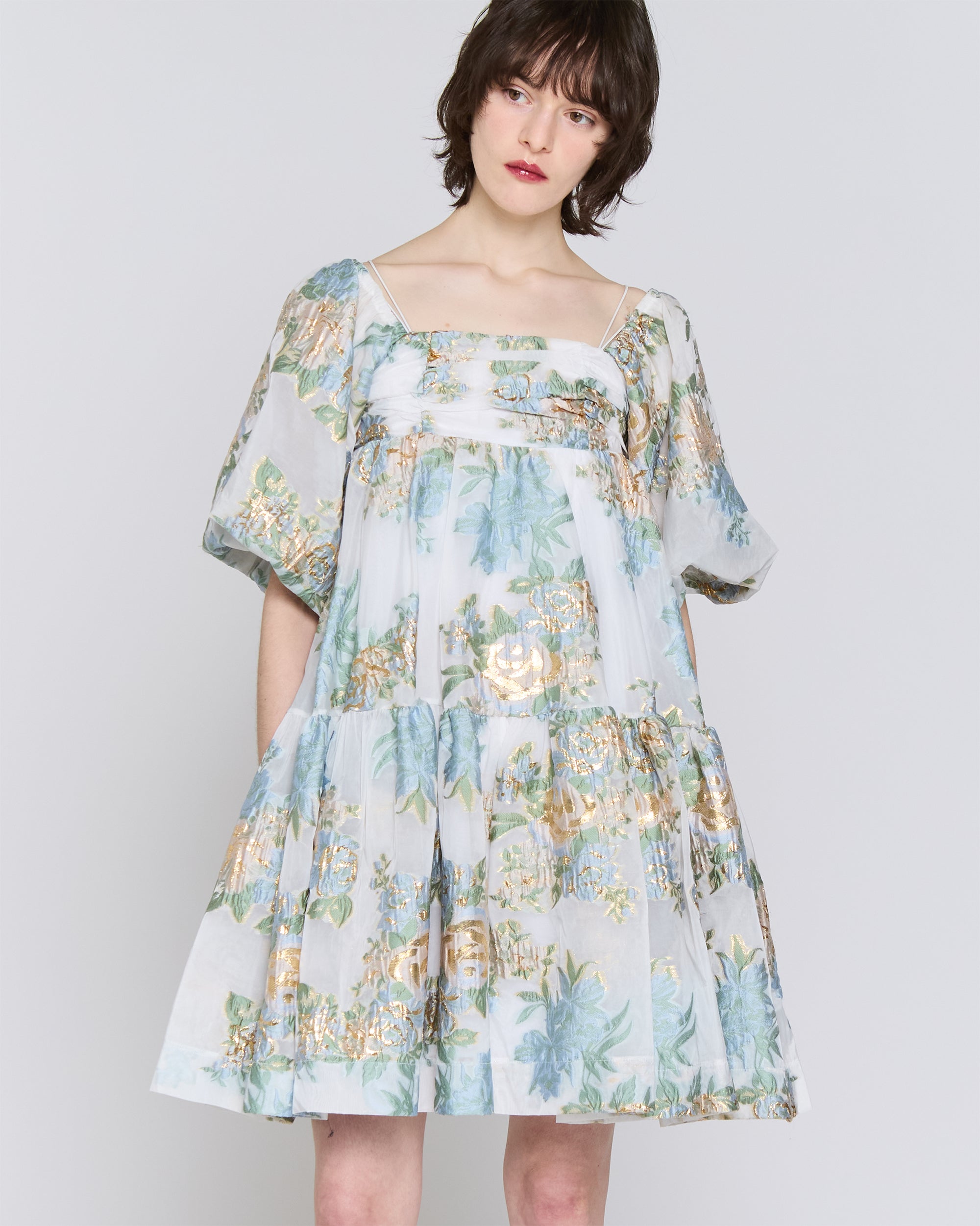 Gold jacquard puff mini dress