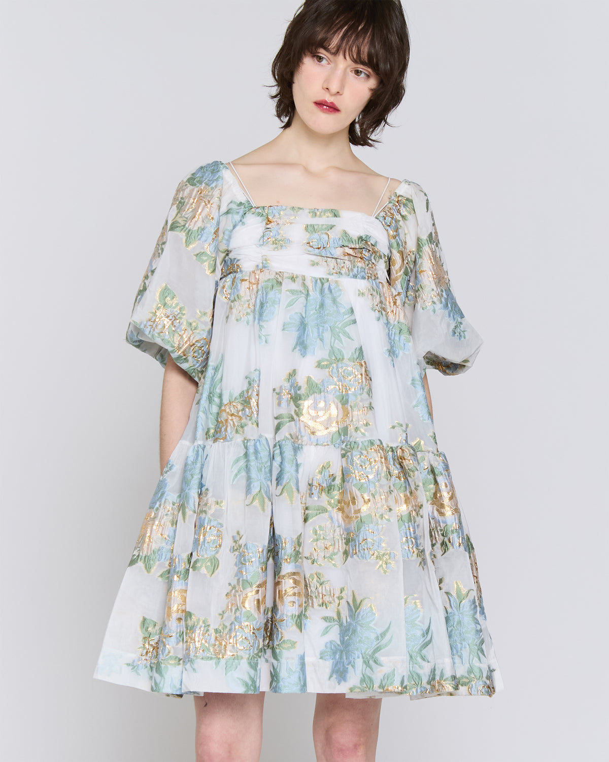 Gold jacquard puff mini dress
