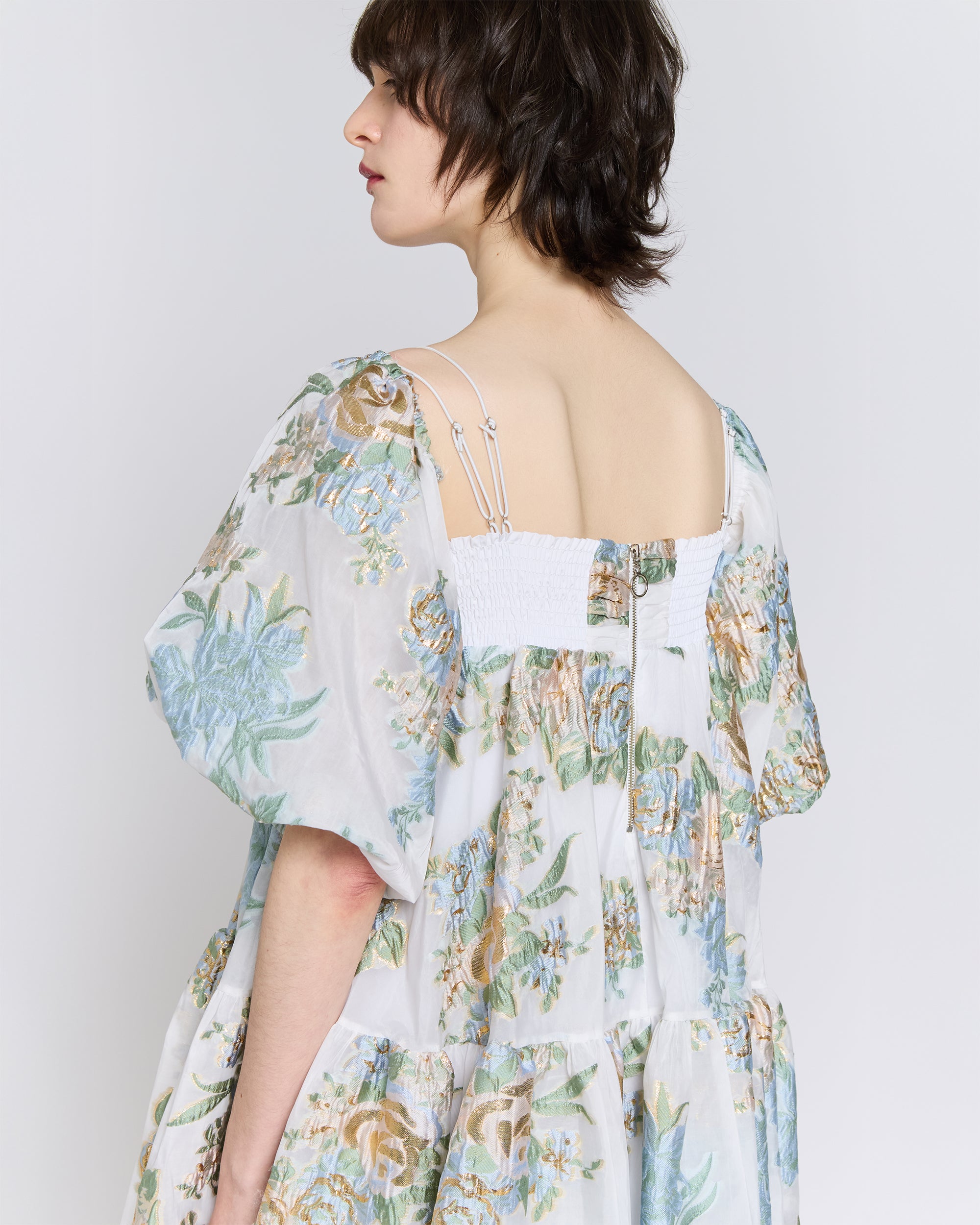 Gold jacquard puff mini dress