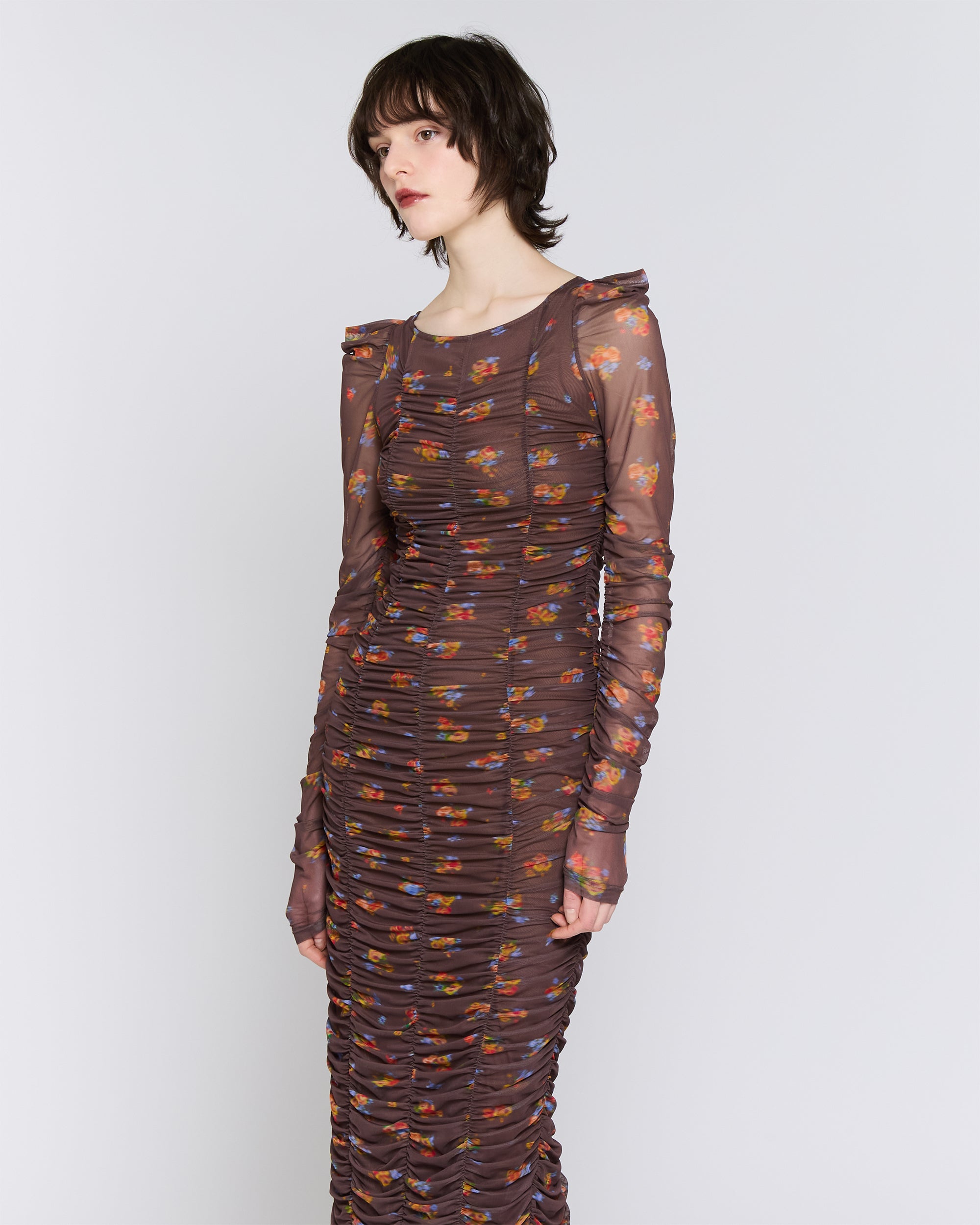 Brown bouquet gathered dress