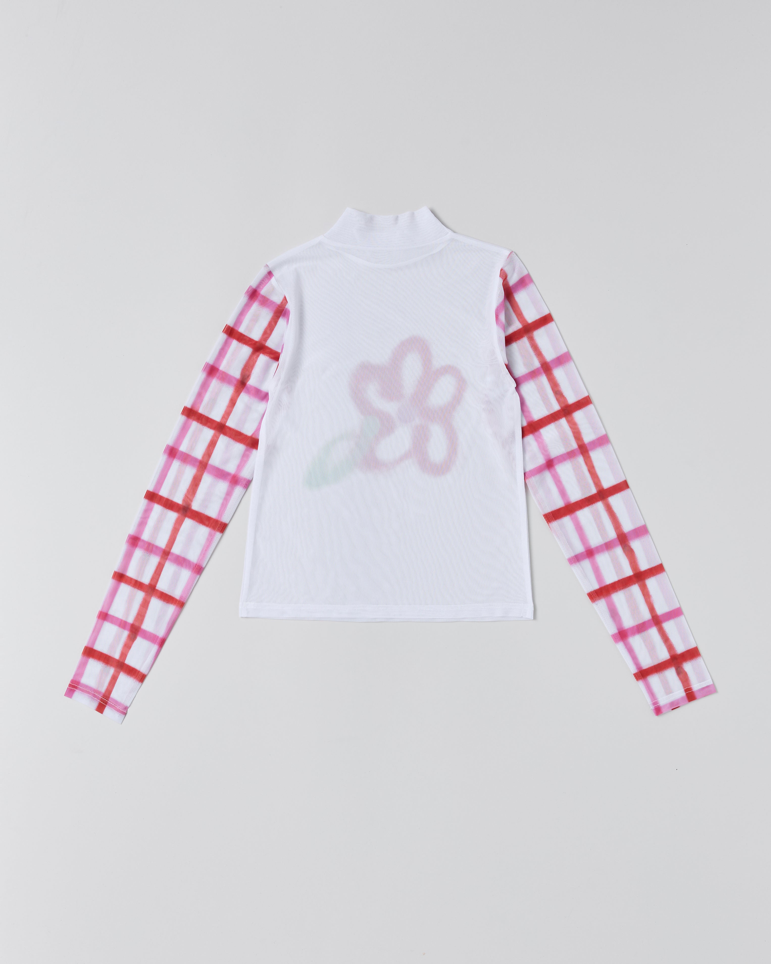 Check sleeve spray flower see-through tops (high neck)