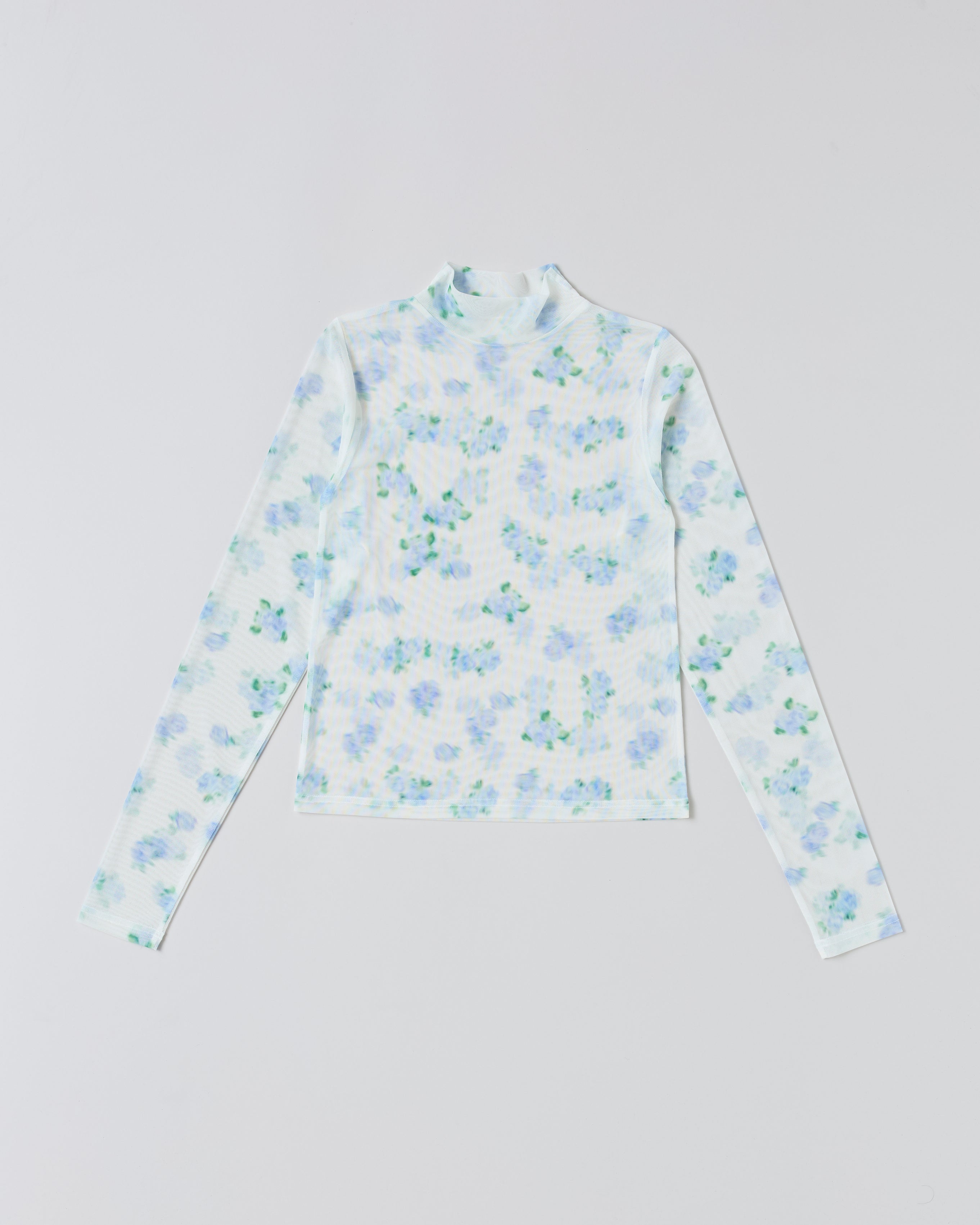 Blue blurred flower see-through tops (high neck)