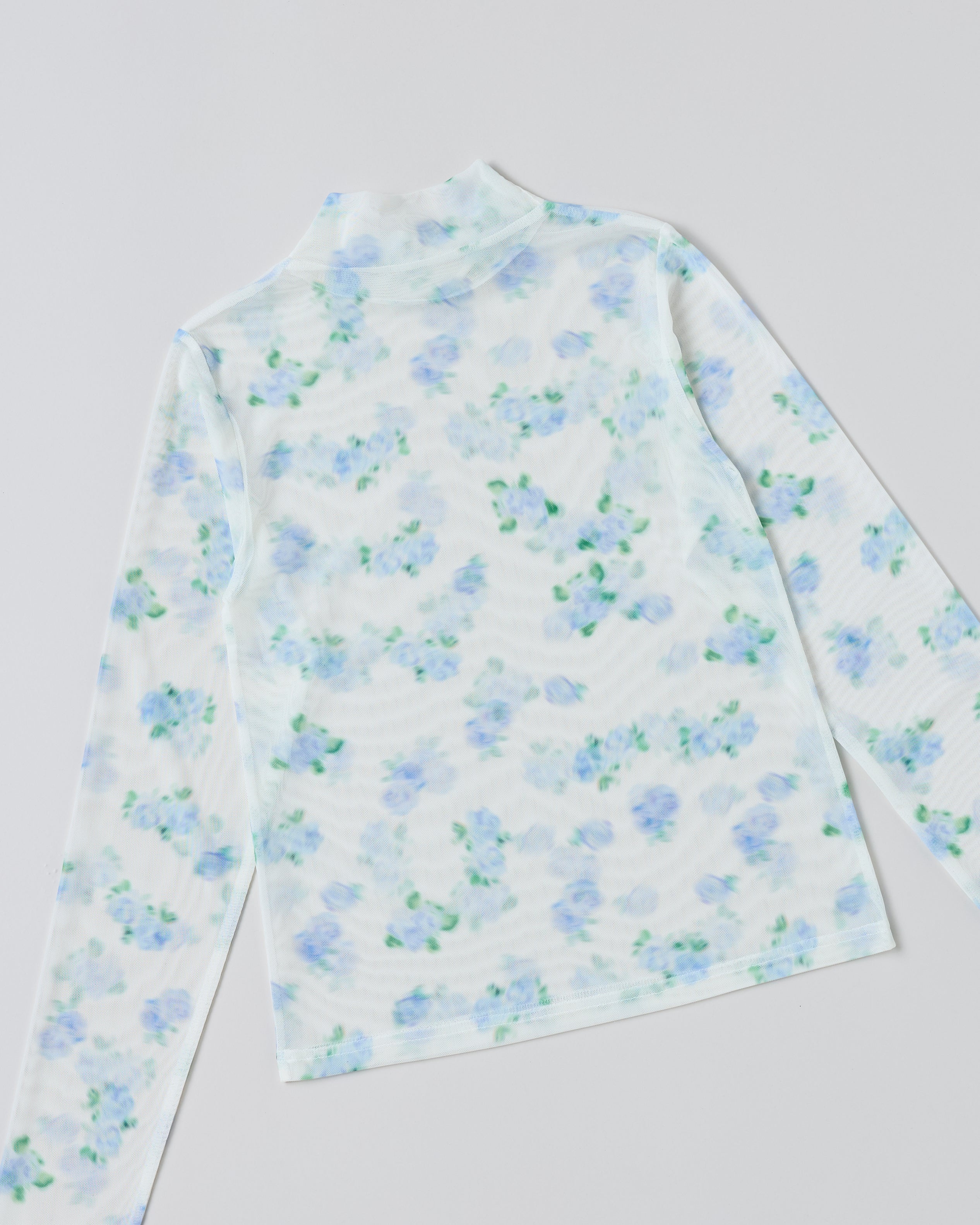 Blue blurred flower see-through tops (high neck)