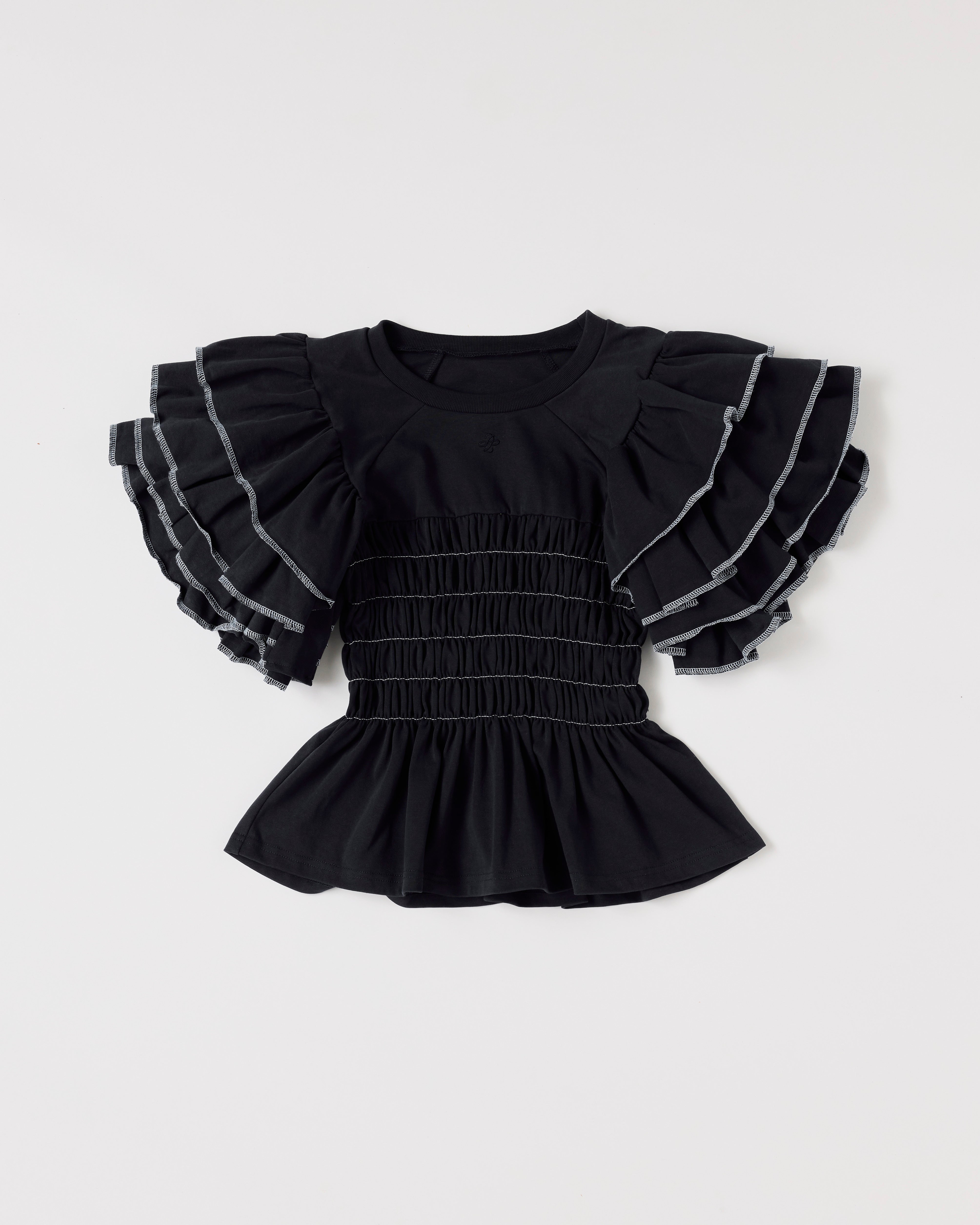 Tiered frill sleeve shirring t-shirt