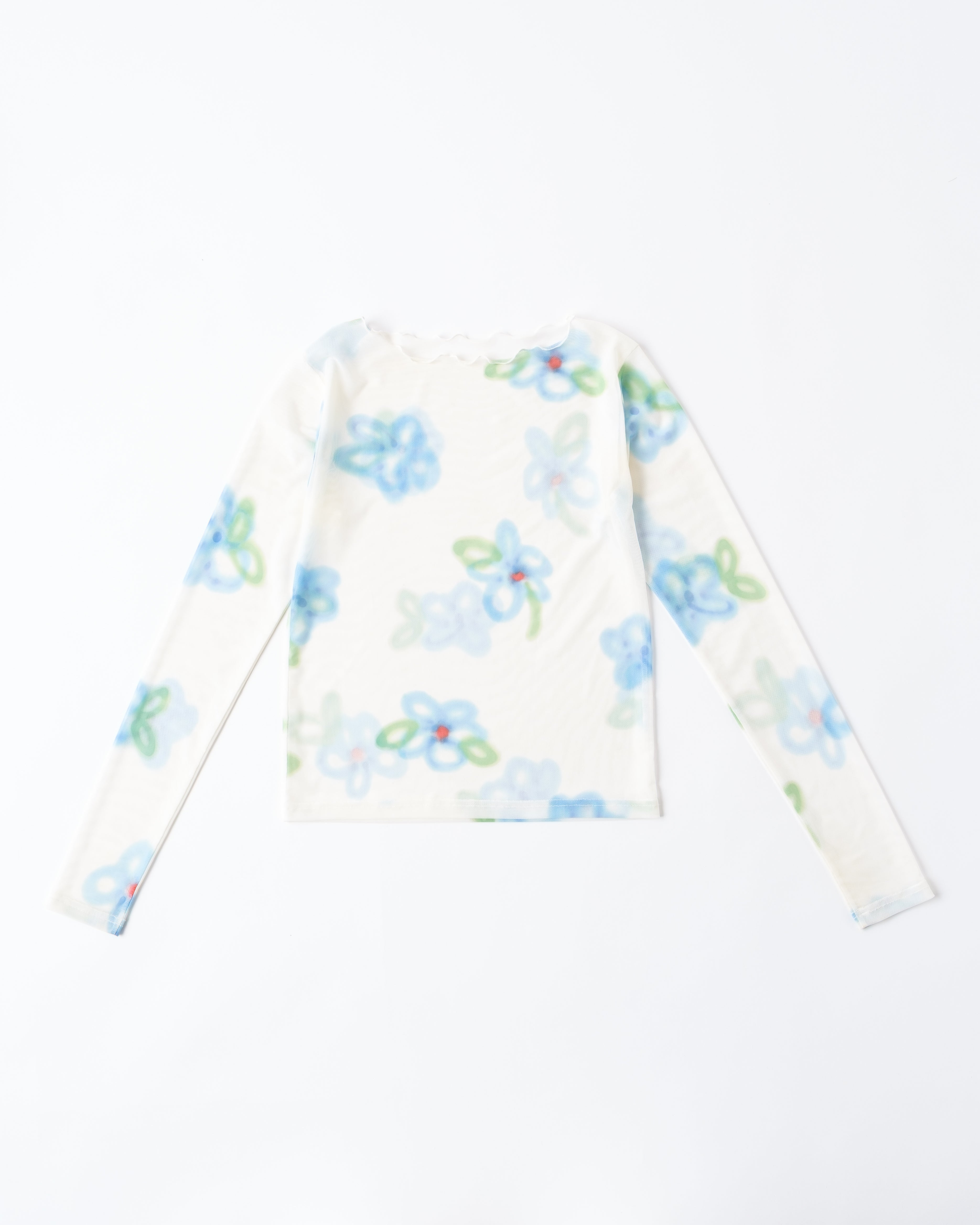 Blue spray flower see-through tops (round neck)