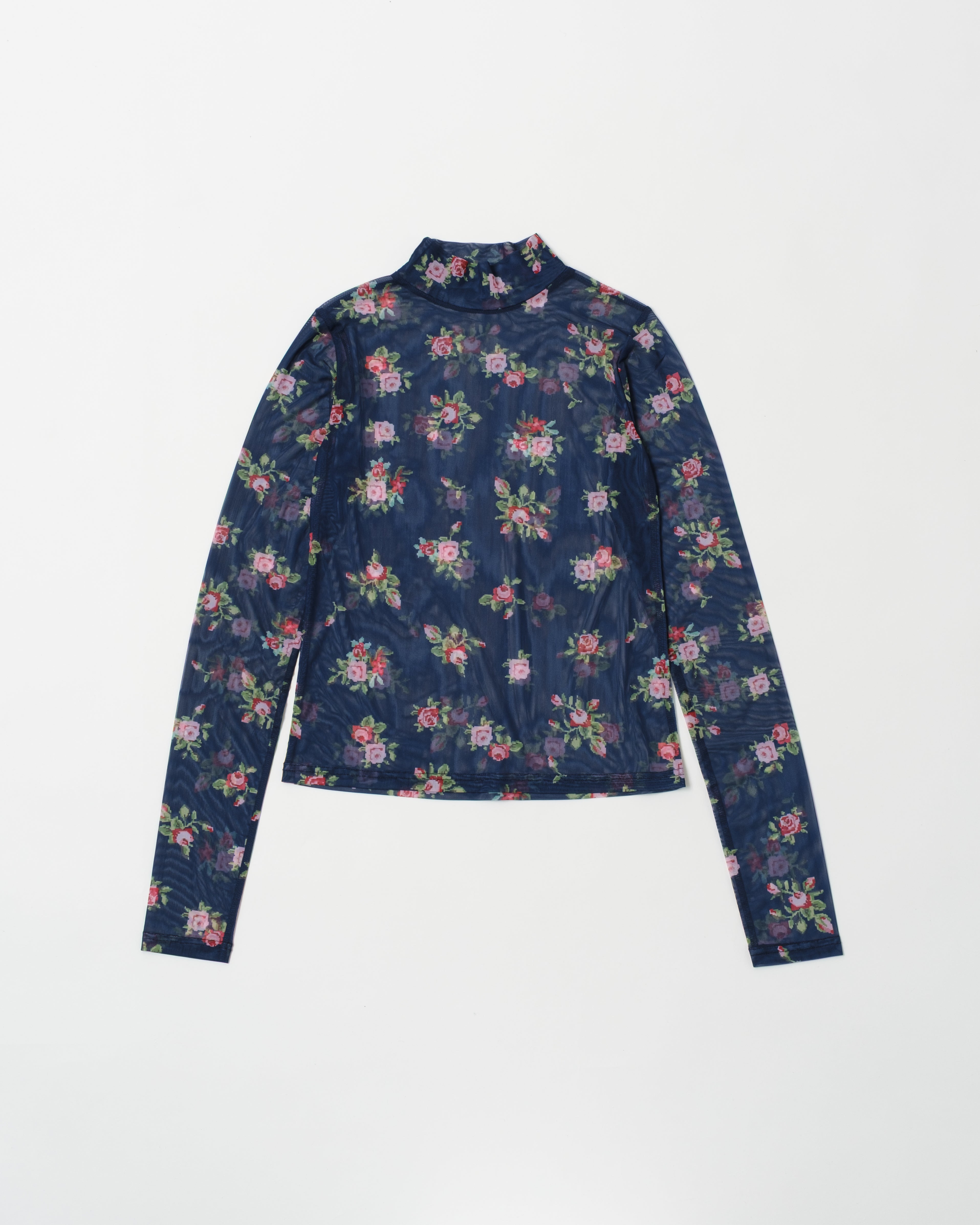 Jacquard grid flower see-through tops (high neck)