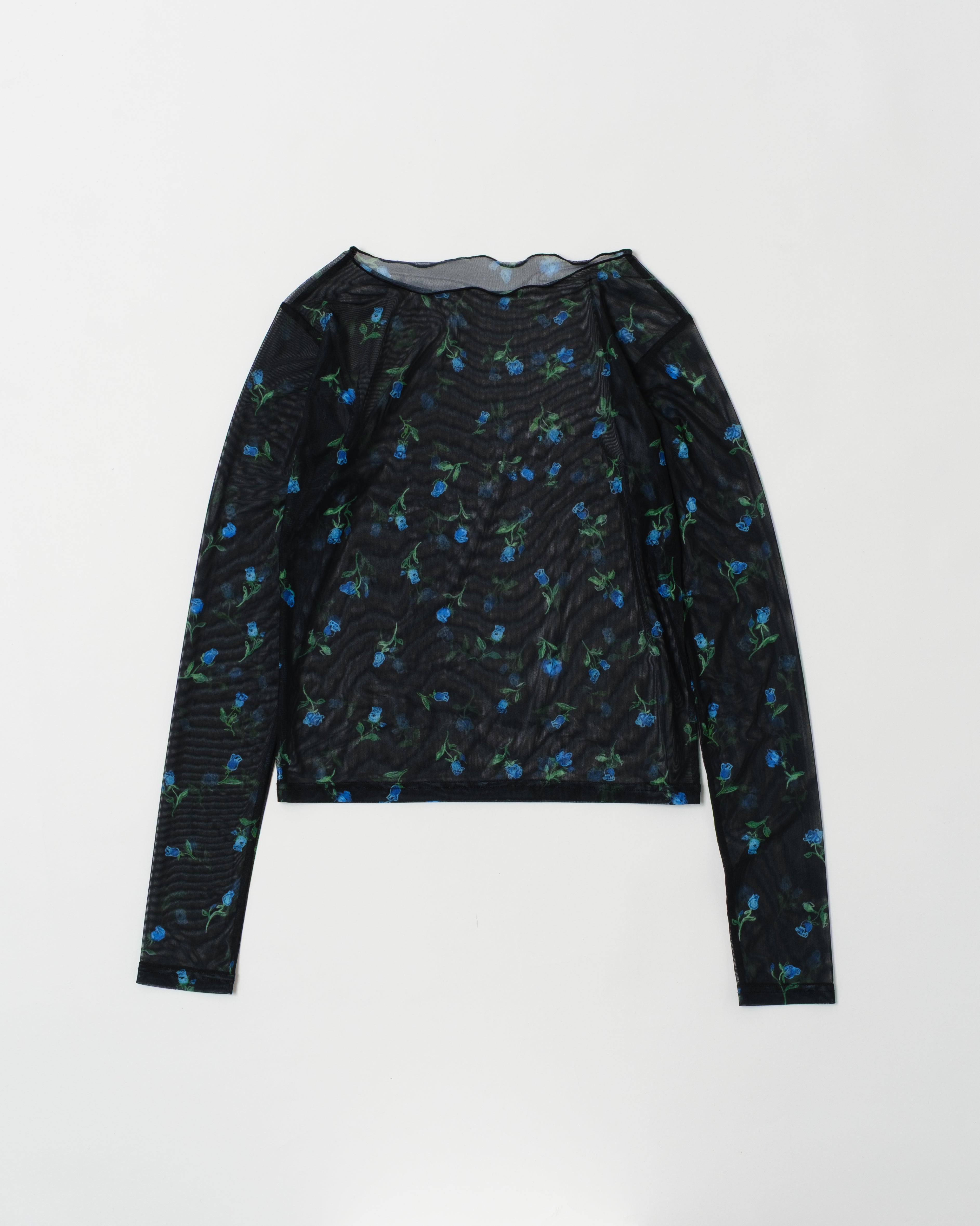 Crayon blue rose see-through tops (round neck)