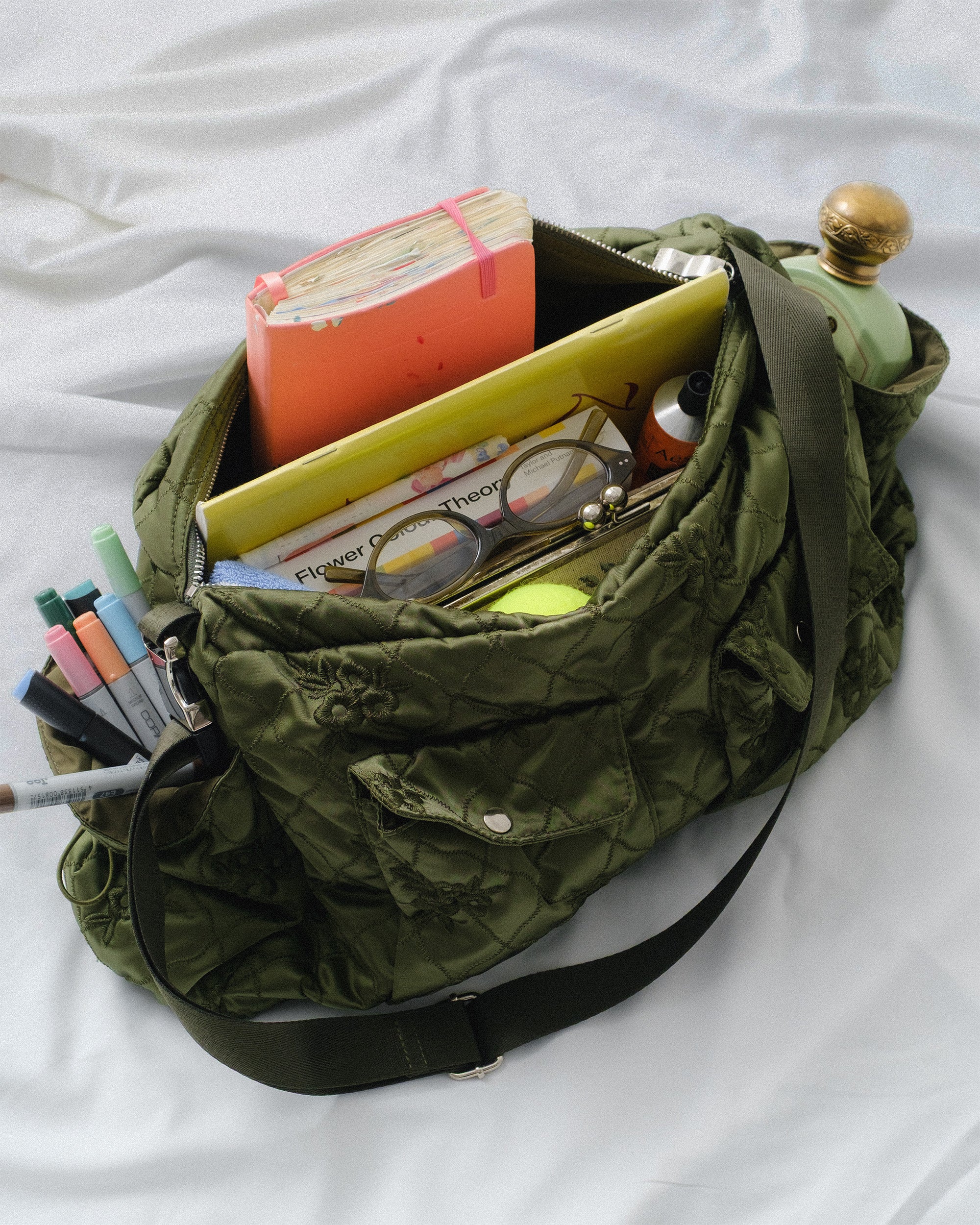 花朵绗缝单肩包(黑色)