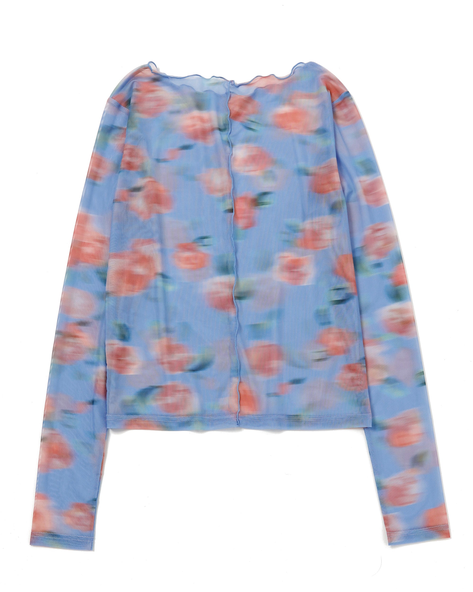 Blurred pink flowers see-through tops (Round neck)