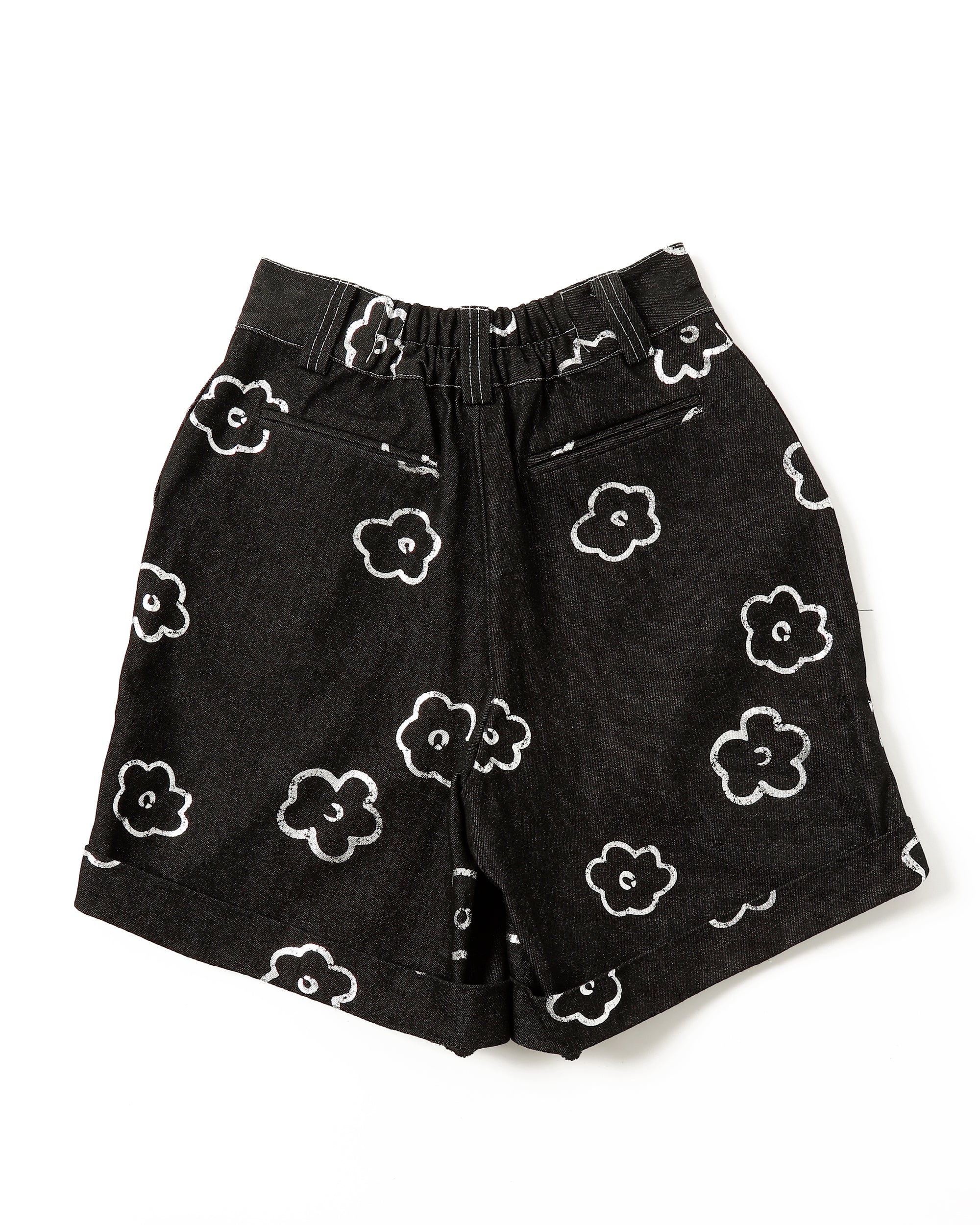 Silver flower half denim pants