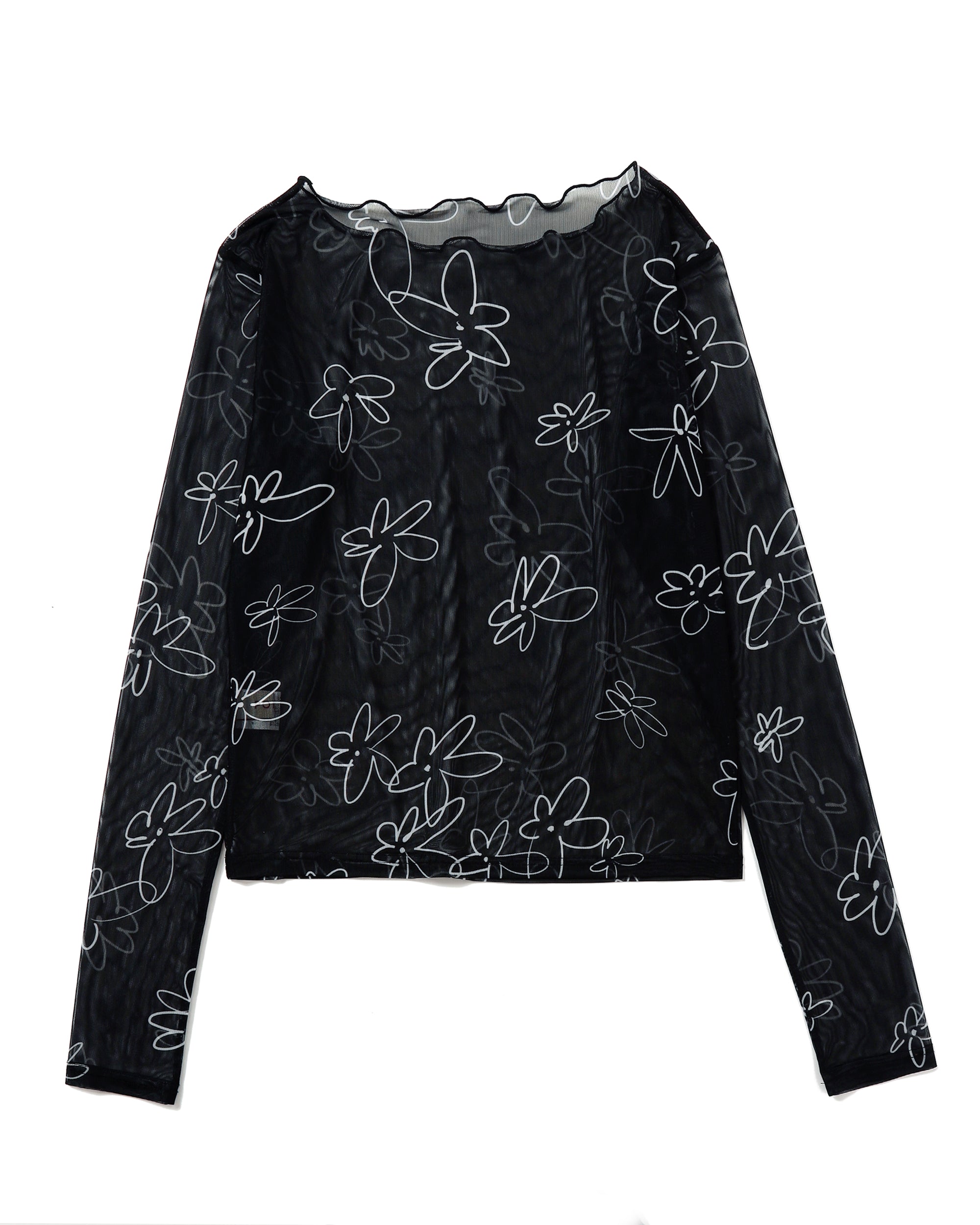 Rough paint black flower see-through tops (Round neck)