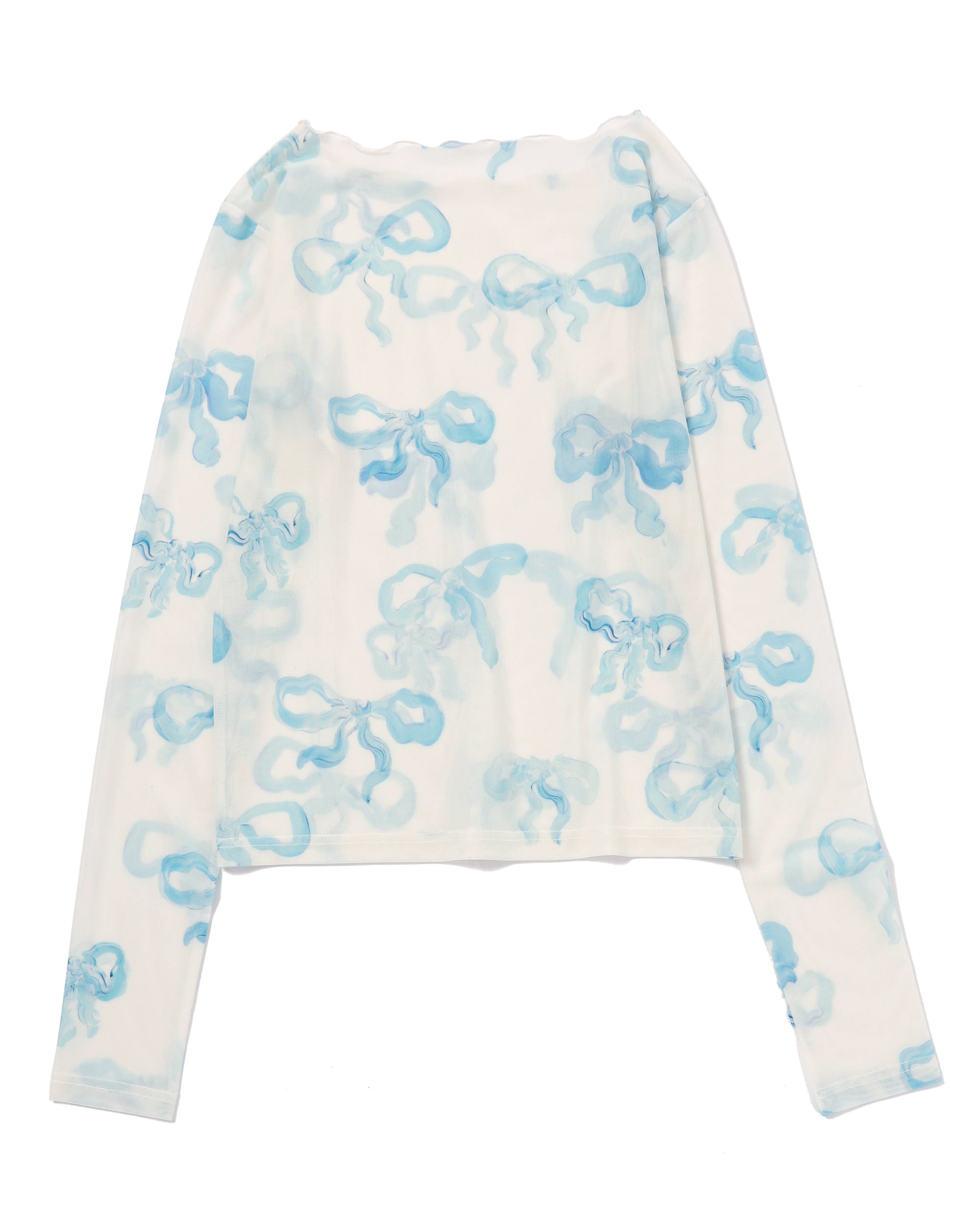 Baby blue ribbon see-through tops(Round neck)