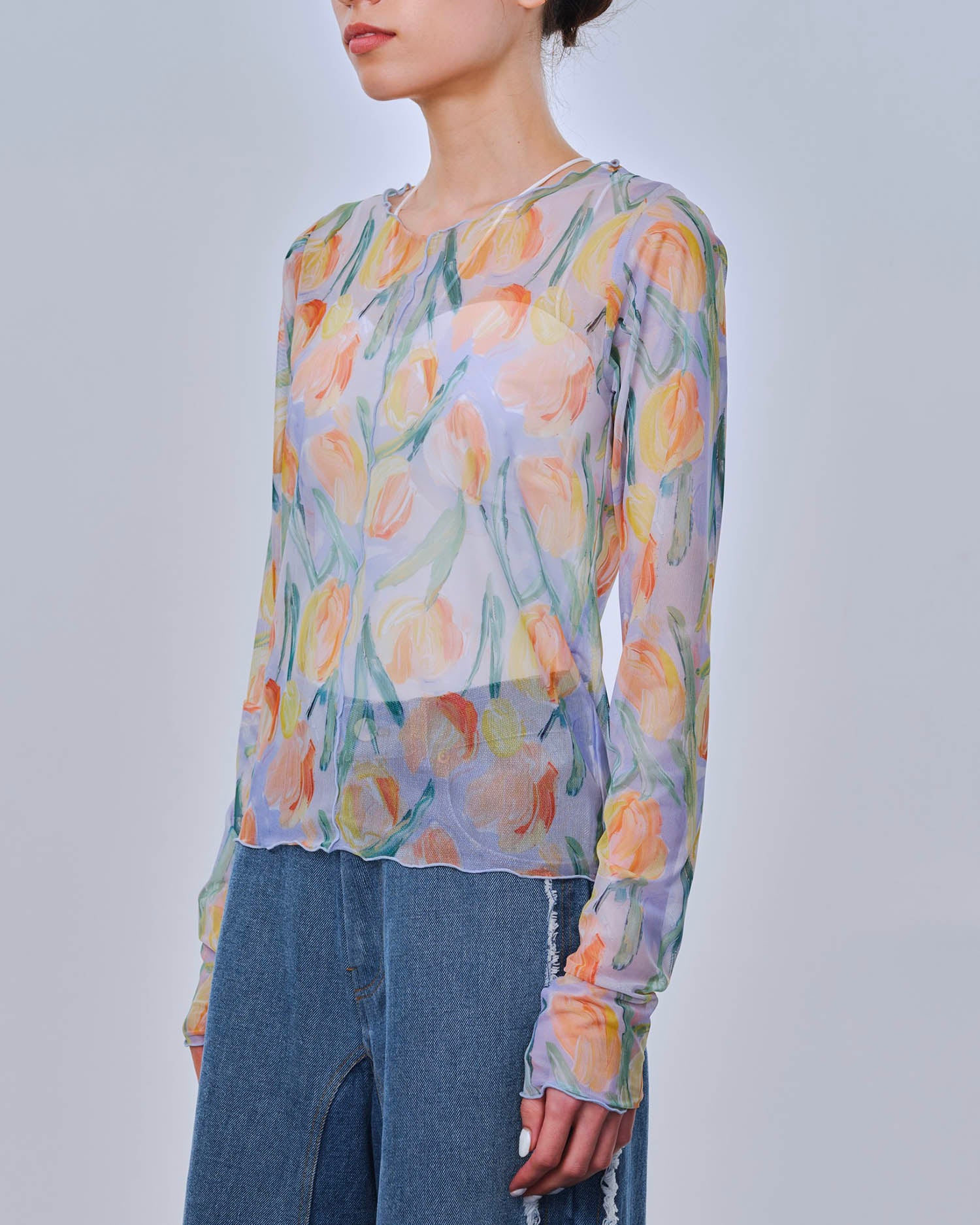 Orange tulip see-through tops (Crew neck)